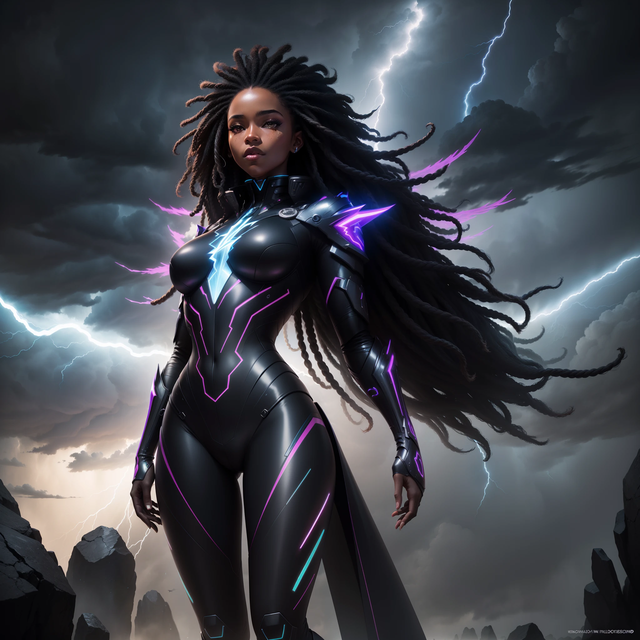 a full body shot of a beautiful black woman floating in the sky among dark clouds with lightning striking around her, afrofuturistic, with iridescent light, highly detailed images, vibrant beautiful colours, photorealistic image, 8k, ultra HD, unreal engine rendered, cinematic lighting, artgerm style,