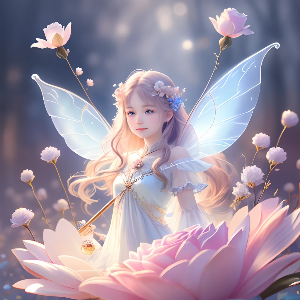 1 moon，Beautiful transparent flower fairy , Transparent colorful wings, The wand flutters in the wind､The wand flashed with starlight，Golden wand，Beautiful blue sky and white clouds、Girls have transparent wings､kindly smile､Beautiful garden background､Gentle and transparent，anatomy correct, Delicate pattern，Pink rose space, Soft lighting, ( Bokeh)，Masterpiece, Super detailed, Epic composition, Highest quality, 8K，Epic romantic fantasy digital art，Epic fairy tale fantasy digital art，Mythological fantasy，UHD resolution，Detailed detail drawing，realisticlying，Very realistic，cinmatic lighting,an award winning photograph,rich colours，hyper realistic lifelike texture，dramatic  lighting