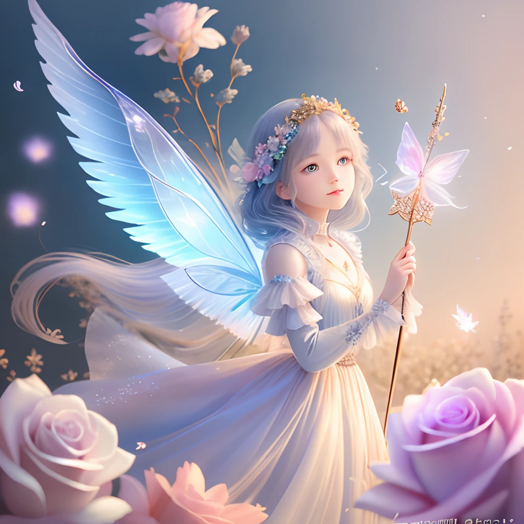 1 moon,Beautiful transparent flower fairy , Transparent colorful wings, The wand flutters in the wind、The wand flashed with starlight,Golden wand,Beautiful blue sky and white clouds、Girls have transparent wings、kindly smile、Beautiful garden background、Gentle and transparent,anatomy correct, Delicate pattern,Pink rose space, Soft lighting, ( Bokeh),Masterpiece, Super detailed, Epic composition, Highest quality, 8K,Epic romantic fantasy digital art,Epic fairy tale fantasy digital art,Mythological fantasy,UHD resolution,Detailed detail drawing,realisticlying,Very realistic,cinmatic lighting,an award winning photograph,rich colours,hyper realistic lifelike texture,dramatic lighting
