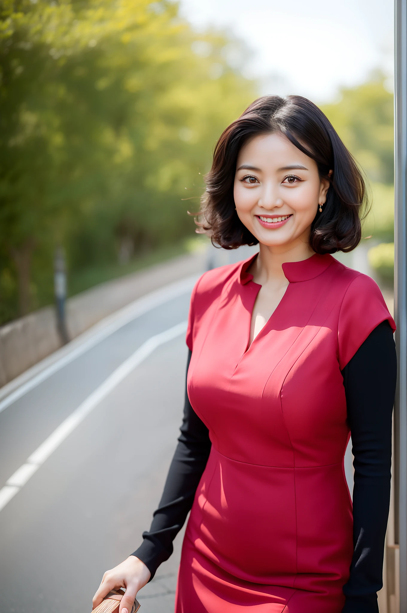 A middle-aged woman with intellectual beauty in China，Around 40 years old，Slightly chubby，Wanfu type，Tall and round, Very plump，Happy smile，Highest image quality，Ultra-high sharpness，超高分辨率，Top image quality，Perfect details，Realistic to the extreme，Photo effects，A picture，tmasterpiece，Exquisitely，Works of masters，A mature and beautiful woman，Goose egg face，with curly brown hair，Chinese style coiled hair，largeeyes，long eyelasher，Small dimples，happy grin，Mature appearance and temperament，Wearing a red dress，On the road