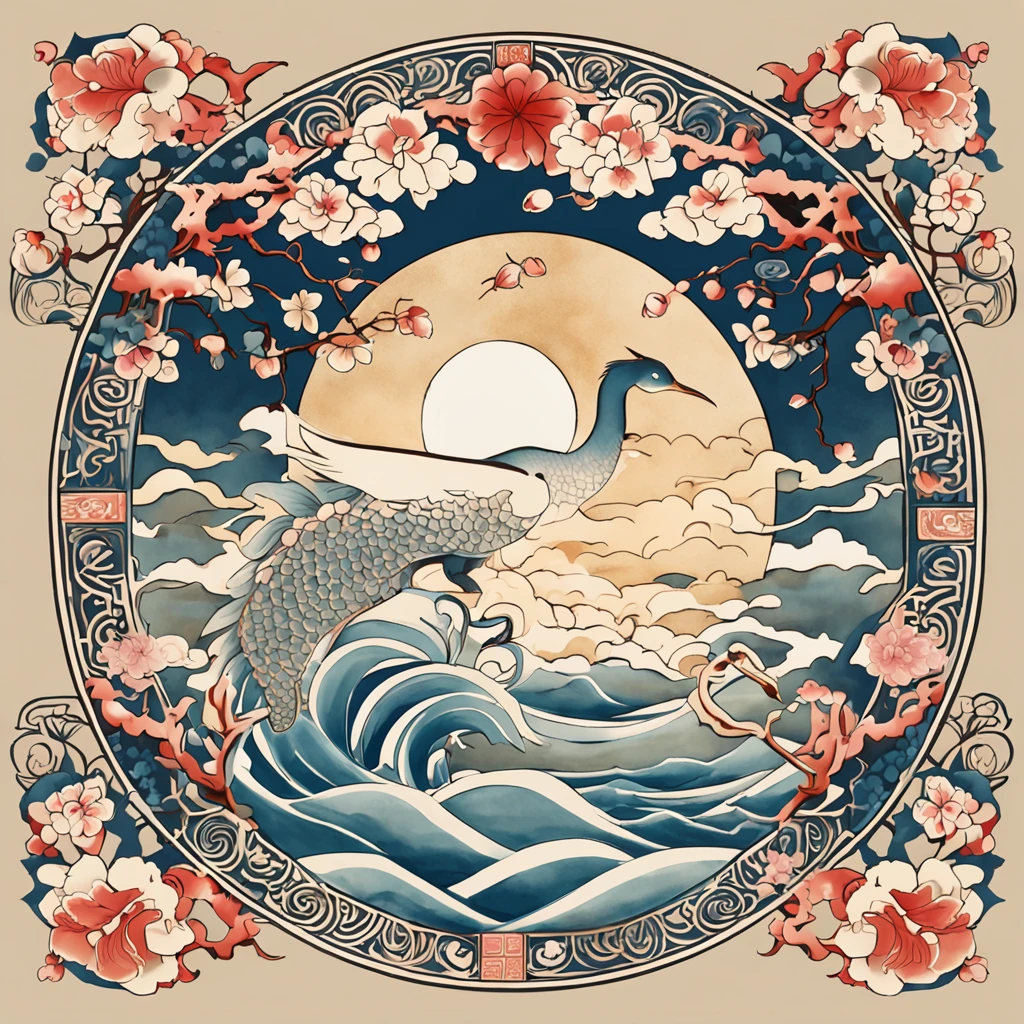 "Envision an enchanting wallpaper pattern composed of a rhythmic arrangement of iconic Japanese symbols, each adding a layer of cultural depth and significance.
The delicate sakura blossom, symbolizing renewal and fleeting beauty, is interspersed among intricate '卍' (manji) symbols, representing harmony, eternity, and the cycle of life.
Mystical 'Dragon' (ryu) dragons coil gracefully amidst swirling clouds, embodying power, transformation, and protection. The torii gate stands resolute, marking the transition from the secular to the sacred.
Elegant kanji characters '愛' (ai) for love, 'Courage' (yuuki) for courage, and 'Peace' (heiwa) for peace, seamlessly integrate into the design, adding profound meaning.
A tranquil pond reflects the moon's serene glow, adorned with '鶴' (tsuru) cranes, symbols of longevity and good fortune. Beneath the surface, 'Sea' (umi) waves ebb and flow, representing life's constant changes.
Bamboo shoots, a representation of resilience and growth, rise gracefully amid the composition. Lanterns sway gently, casting warm illumination and symbolizing guidance.
The color palette harmonizes deep indigos, tranquil blues, and soft whites, creating a sense of serenity and reverence. This intricate wallpaper pattern is a visual journey through the layers of Japanese symbolism, inviting you to immerse yourself in their wisdom and beauty."