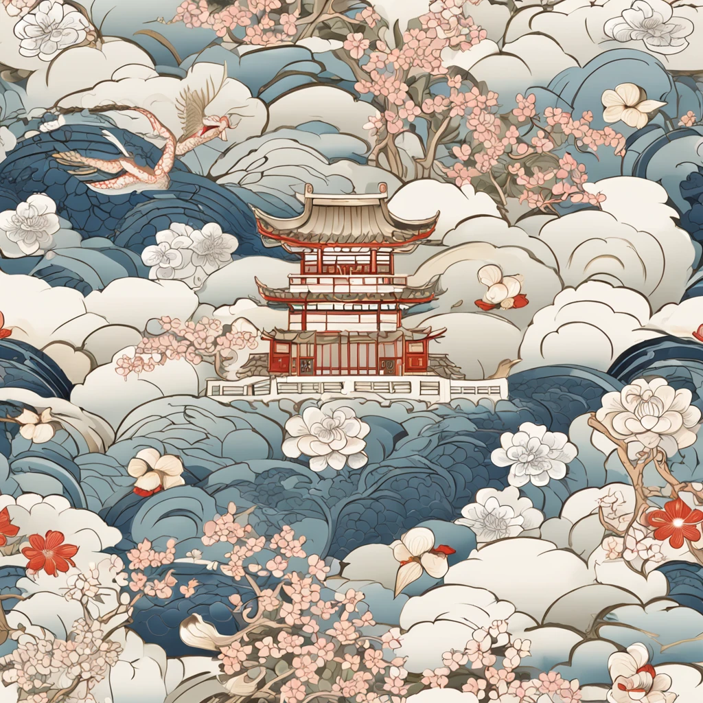 "Envision an enchanting wallpaper pattern composed of a rhythmic arrangement of iconic Japanese symbols, each adding a layer of cultural depth and significance.

The delicate sakura blossom, symbolizing renewal and fleeting beauty, is interspersed among intricate '卍' (manji) symbols, representing harmony, eternity, and the cycle of life.

Mystical 'Dragon' (ryu) dragons coil gracefully amidst swirling clouds, embodying power, transformation, and protection. The torii gate stands resolute, marking the transition from the secular to the sacred.

Elegant kanji characters '愛' (ai) for love, 'Courage' (yuuki) for courage, and 'Peace' (heiwa) for peace, seamlessly integrate into the design, adding profound meaning.

A tranquil pond reflects the moon's serene glow, adorned with '鶴' (tsuru) cranes, symbols of longevity and good fortune. Beneath the surface, 'Sea' (umi) waves ebb and flow, representing life's constant changes.

Bamboo shoots, a representation of resilience and growth, rise gracefully amid the composition. Lanterns sway gently, casting warm illumination and symbolizing guidance.

The color palette harmonizes deep indigos, tranquil blues, and soft whites, creating a sense of serenity and reverence. This intricate wallpaper pattern is a visual journey through the layers of Japanese symbolism, inviting you to immerse yourself in their wisdom and beauty."