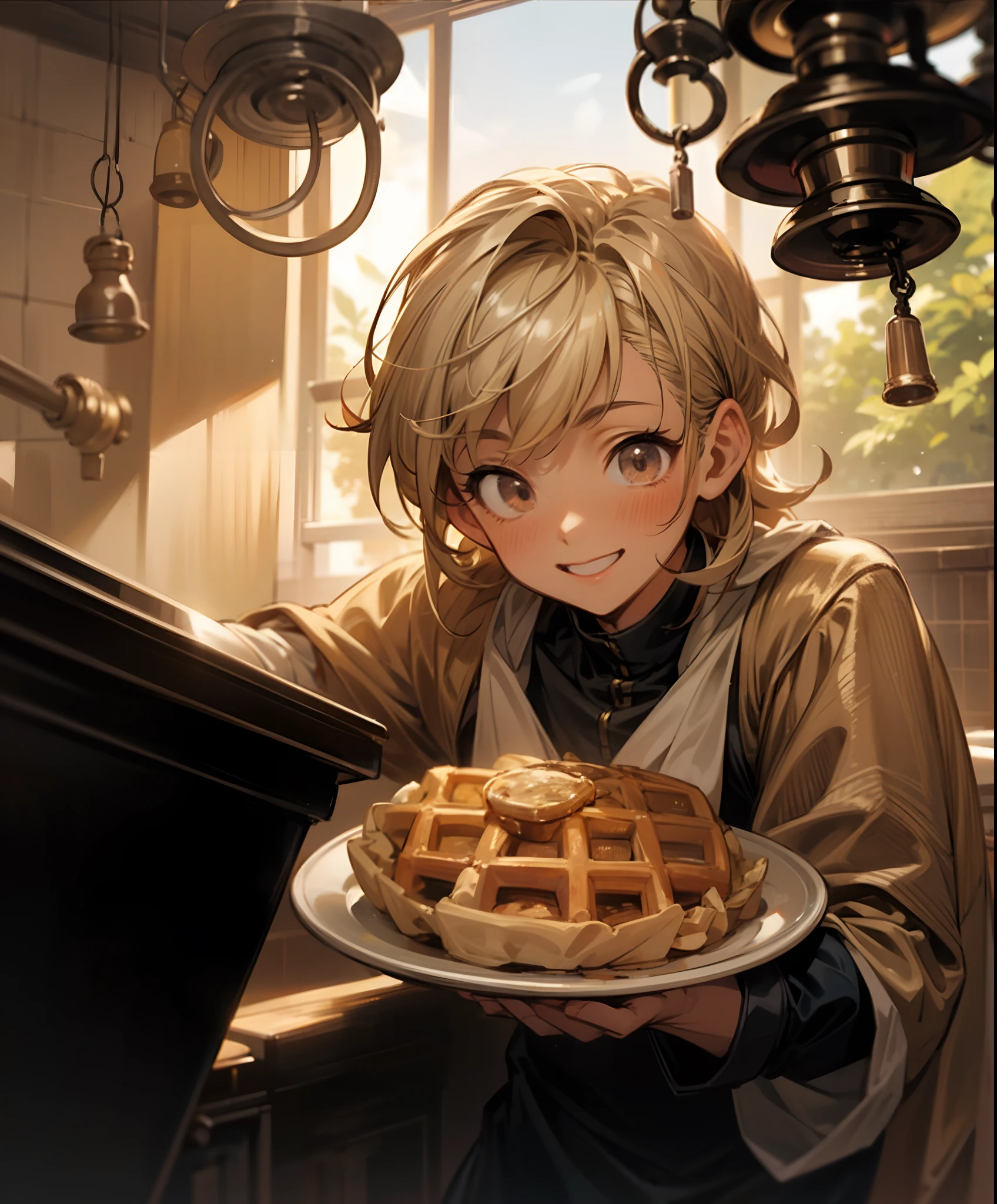 "Happy boy with light blonde hair serving a delicious waffle in a bright cottage kitchen, surrounded by hanging lights and basking in the beautiful golden hour."