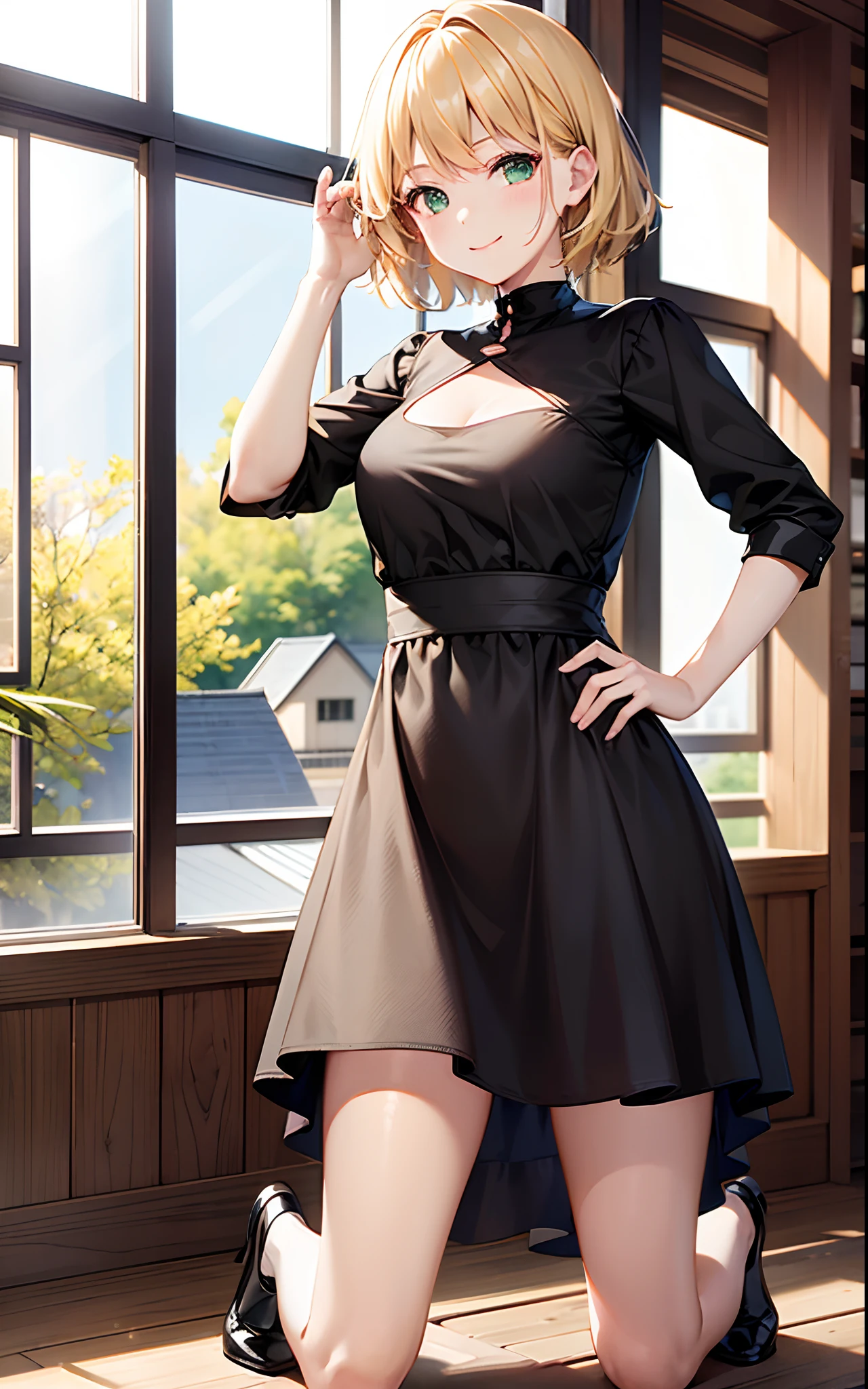 Cute girl, wood house, sunshine, sunlight, modern kpop dress, black and pink dress, cute dress, blonde hair, short hair, green eyes, smile, drink water, high resolution, ultra quality, inside house, kneeling, front look,