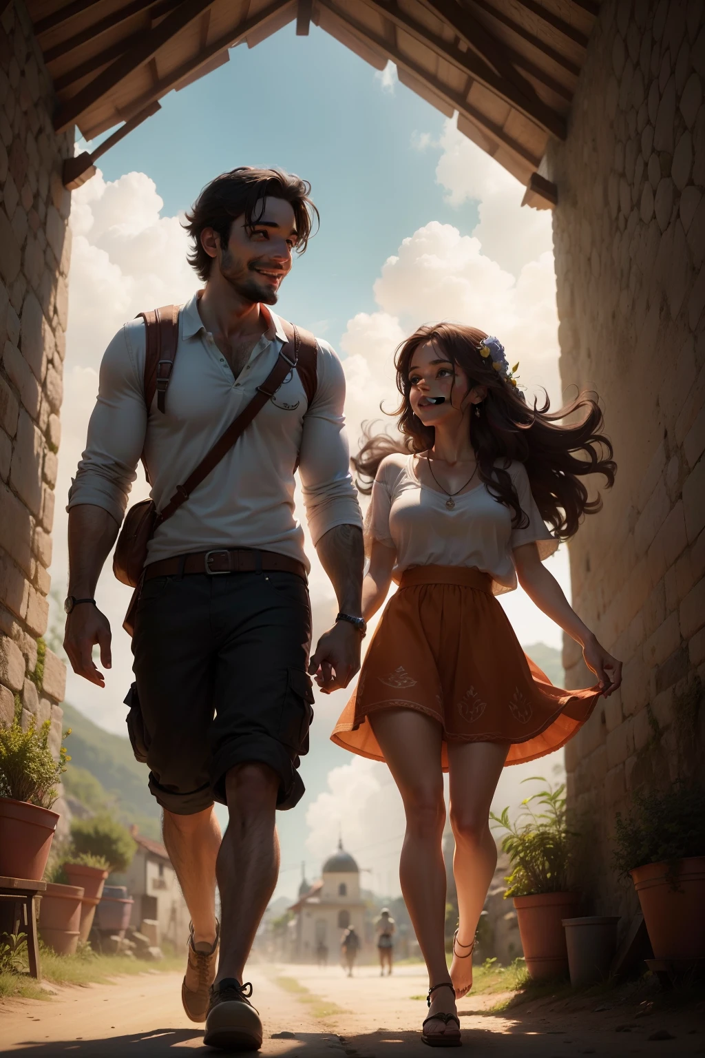 Mia e Leo a regressar a aldeia, olhando um para o outro sorridestes, 8k cartoon