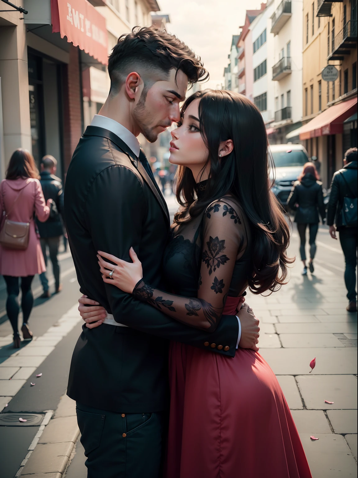 Men and women embrace each other,O homem menospreza a mulher,O menino usa um terno preto,A menina estava usando um vestido vermelho,the background is the street,Petals, vibrante, fotorrealista, realista, dramatic, escuro, foco nítido, 8k