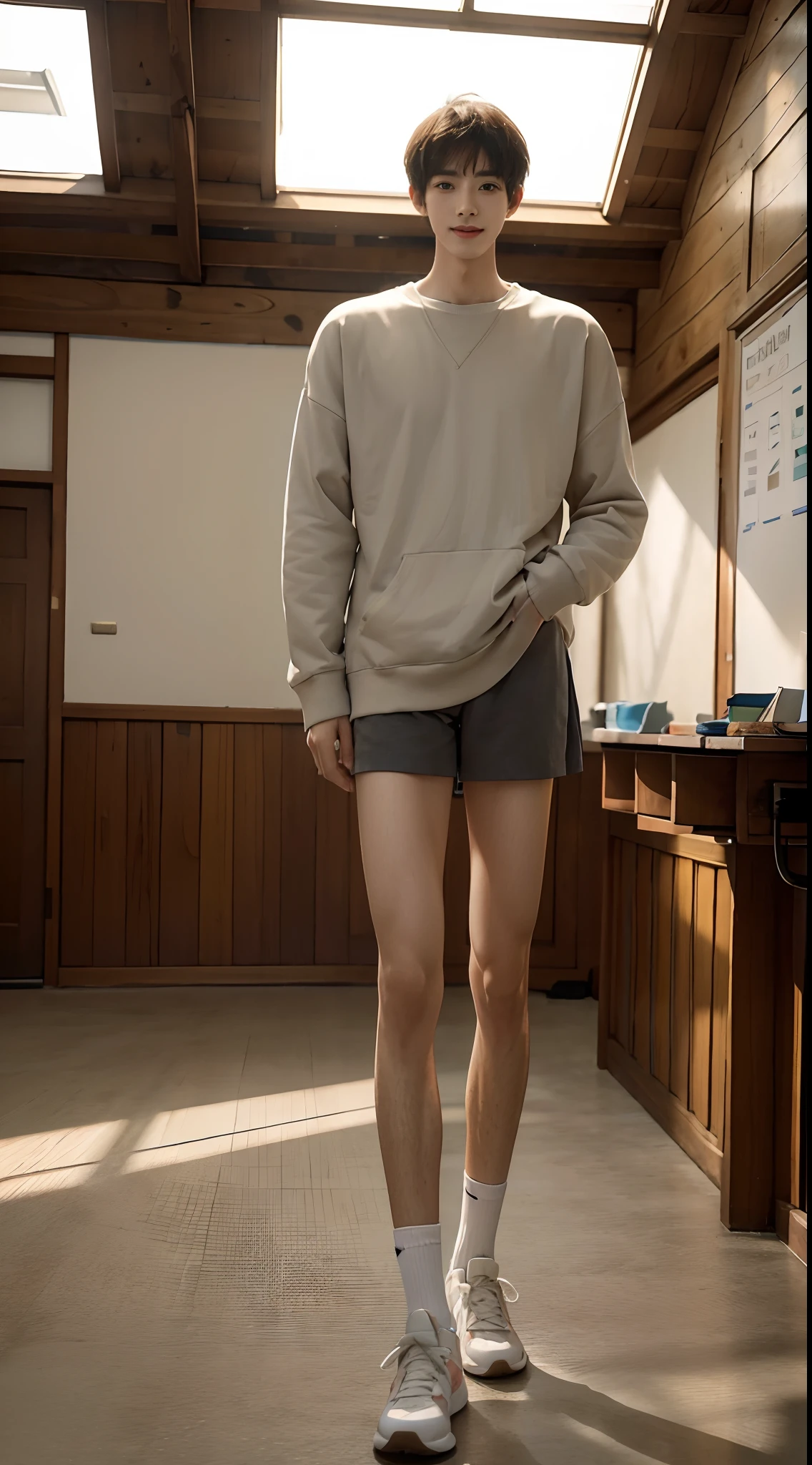 Young handsome Japanese guy standing sideways turn back show naked ass to viewer,light brown underwear,standing at escape stairs in the building,The corridor was dimly lit by pearl lightbulbs