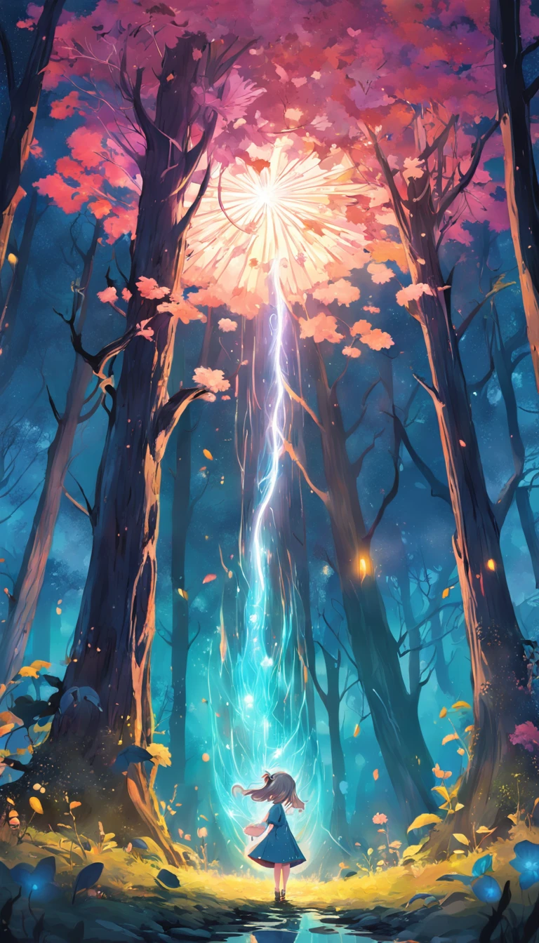 In the middle of a magical forest，A tall and beautiful dream flower grows, Sparks glow around it, mysterious glow,  Children's book illustration style, Simple, Cute, full-color, Works of art by Kahn Griffith and Vadim Kashin - no outline