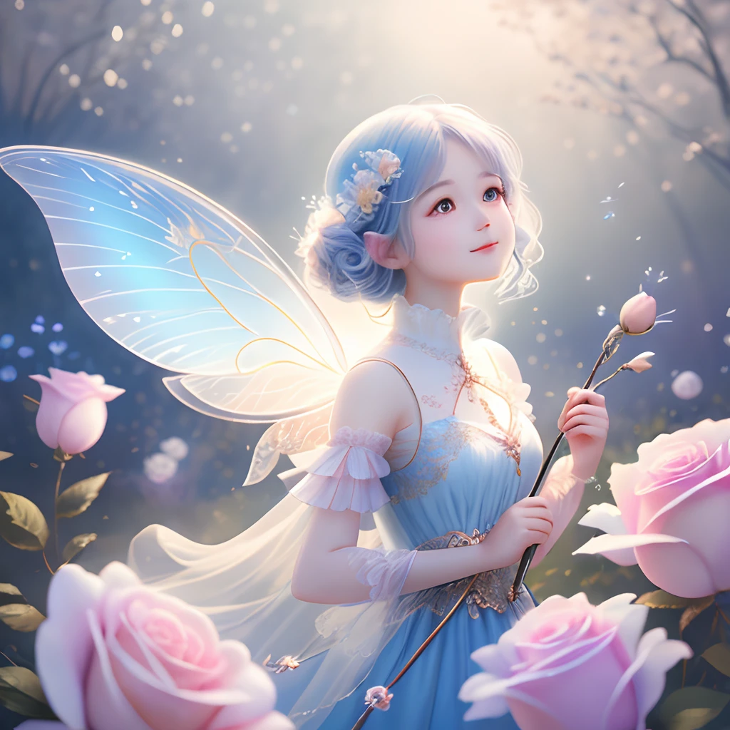 1 moon,Beautiful transparent flower fairy , Transparent colorful wings, The wand flutters in the wind、The wand flashed with starlight,Golden wand,Beautiful blue sky and white clouds、Girls have transparent wings、kindly smile、Beautiful garden background、Gentle and transparent,anatomy correct, Delicate pattern,Pink rose space, Soft lighting, ( Bokeh),Masterpiece, Super detailed, Epic composition, Highest quality, 8K,Epic romantic fantasy digital art,Epic fairy tale fantasy digital art,Mythological fantasy,UHD resolution,Detailed detail drawing,realisticlying,Very realistic,cinmatic lighting,an award winning photograph,rich colours,hyper realistic lifelike texture,dramatic lighting