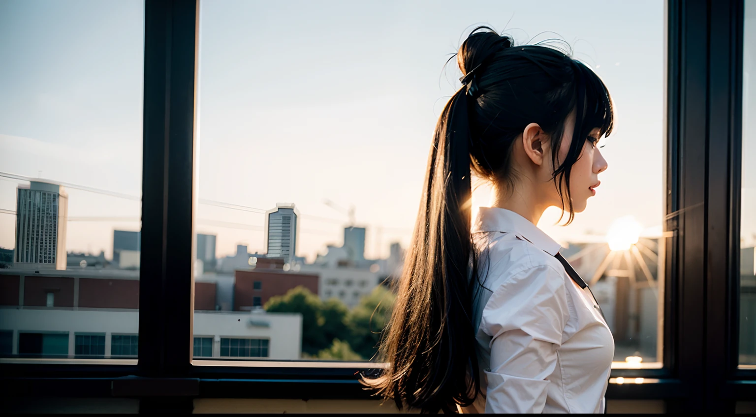 best qualtiy,Heads-up,A half body,Back shadow,female student,Black hair,Background secondary school