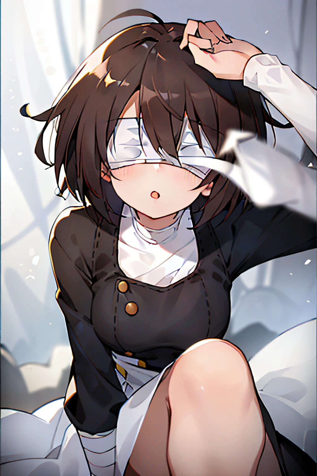 Eyes covered,full-length picture，Clear fingers,Gorgeous white dress，Bandages on the eyes，Eyes covered，Aloof，No eyes， （Short brown hair：1.5），Girl，Blindfolded，with short brown hair，Brown-haired，Blindfolded，Two hands，only have two arms