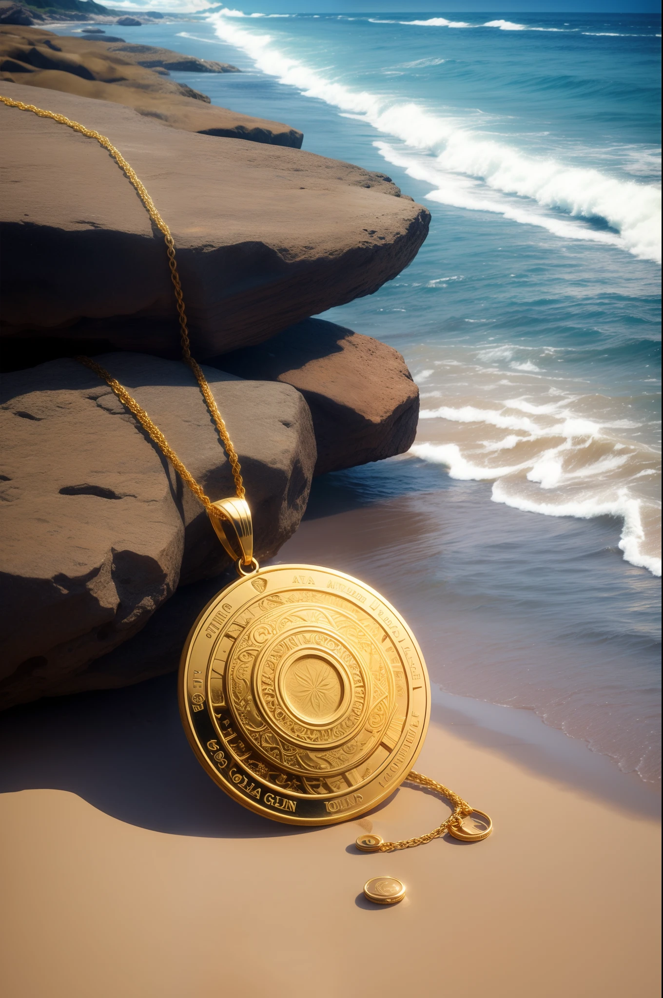 golden coin pendant, beach and sea background, intricate detail, macro lens, fantasy sci-fi, shot with Agfa Vista 200