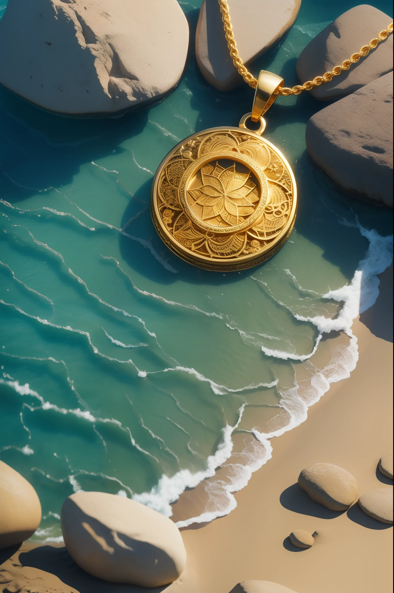 golden coin pendant, beach and sea background, intricate detail, macro lens, fantasy sci-fi, shot with Agfa Vista 200