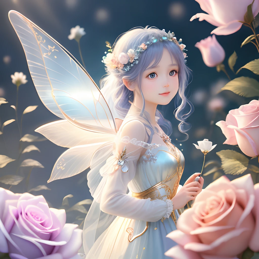 1 moon,Beautiful transparent flower fairy , Transparent colorful wings, The wand flutters in the wind、The wand flashed with starlight,Golden wand,Beautiful blue sky and white clouds、Girls have transparent wings、kindly smile、Beautiful garden background、Gentle and transparent,anatomy correct, Delicate pattern,Pink rose space, Soft lighting, ( Bokeh),Masterpiece, Super detailed, Epic composition, Highest quality, 8K,Epic romantic fantasy digital art,Epic fairy tale fantasy digital art,Mythological fantasy,UHD resolution,Detailed detail drawing,realisticlying,Very realistic,cinmatic lighting,an award winning photograph,rich colours,hyper realistic lifelike texture,dramatic lighting