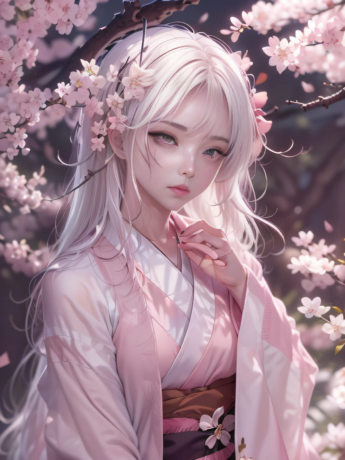 Super beautiful photo，Woman with long hair and a cherry crown on her head, ((Pink eyes:1.7))，covering ears，Beautiful anime girl, beautiful anime woman, beautiful anime style, Beautiful Anime Portrait, ethereal beauty, Beautiful anime, guweiz, ((a beautiful fantasy empress)), Beautiful attractive woman, anime goddess, A beautiful maiden, artwork in the style of guweiz、(Plain and white kimono:1.4)，(White attire:1.4),Pink gradient color from the hem to the top of the kimono，Woman standing under old cherry blossoms in full bloom，Mysterious Woman,mystic atmosphere，(small tits),((Whitehair:1.5)),The effect of scattered cherry blossom petals:1.7，Cool light color lighting，Pale pink light illuminates from behind，The beauty of cherry blossoms at night，moon light,Effects of fantasy movies,Ethereal cherry blossoms，