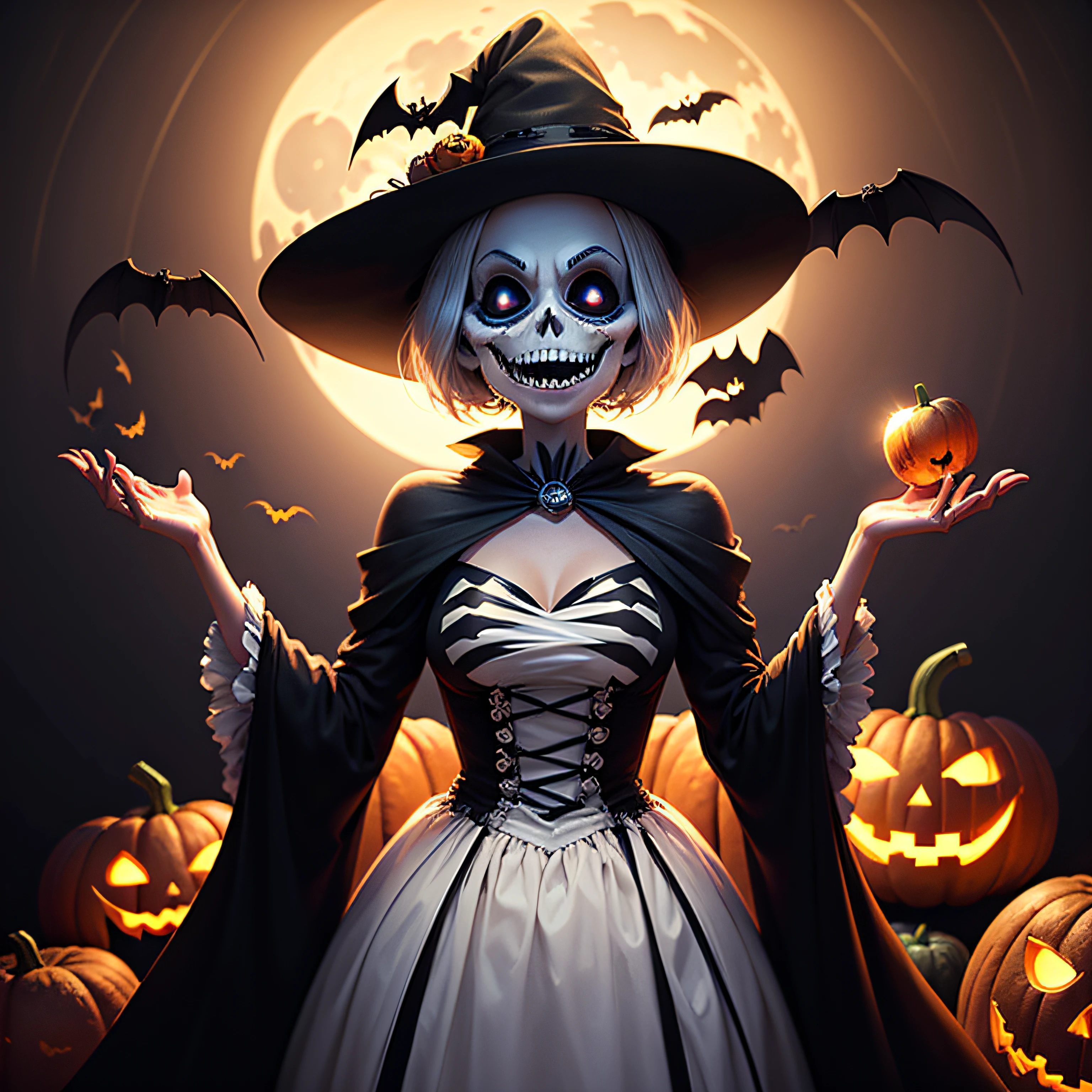 Jack Skellington, laughing, evil, Halloween town, pumpkins, bats, moonlight,