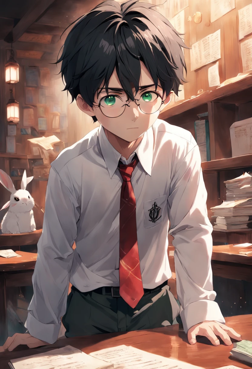harry potter, guy, black hair, tousled, green eyes, wear glasses, pale, child, white shirt, cute, red tie, bunny ears