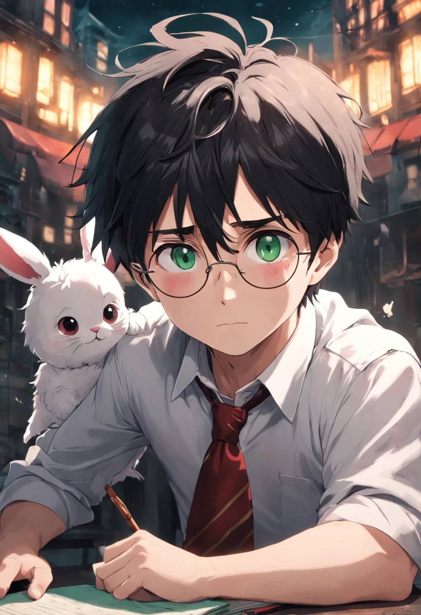 harry potter, guy, black hair, tousled, green eyes, wear glasses, pale, child, white shirt, cute, red tie, bunny ears