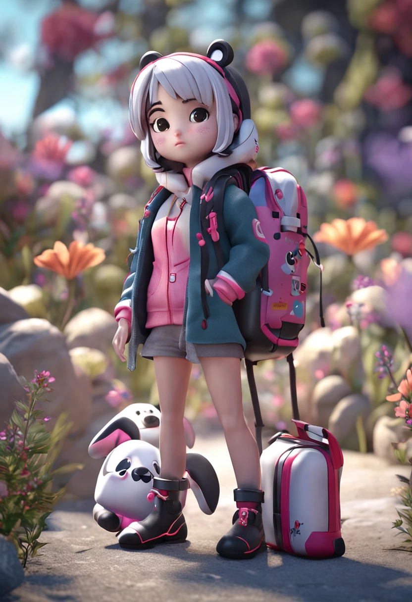 There is a black panda doll with a backpack and backpack, cute 3 d render, render of a cute 3d anime girl, highly detailed character, Cute detailed digital art, cute character, 3 d render stylized, Female explorer mini cute girl, soft 3d render, Cute! C4D, Stylized anime, Rendered in redshift, three sided view