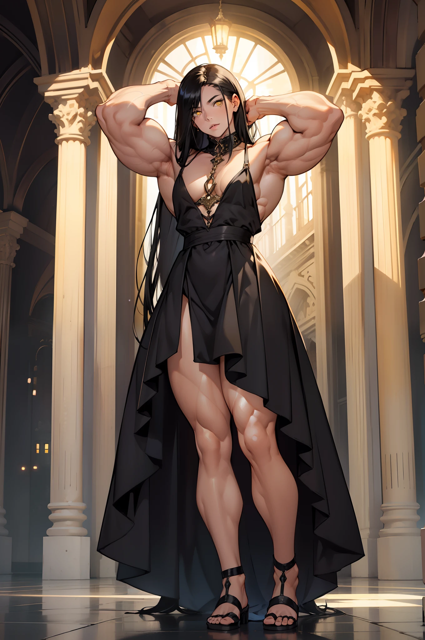(((((1 girl))))), black hair, yellow eyes, very long hair, ((((((muscular)))))), tall, pale skin, night dress, ((full body)), (solo), arms over head