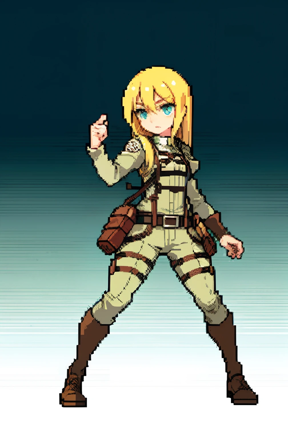 masterpiece, top quality, best quality), pixel,pixel art, 1 girl, historia reiss, long blonde hair, attack on titan, fullbody