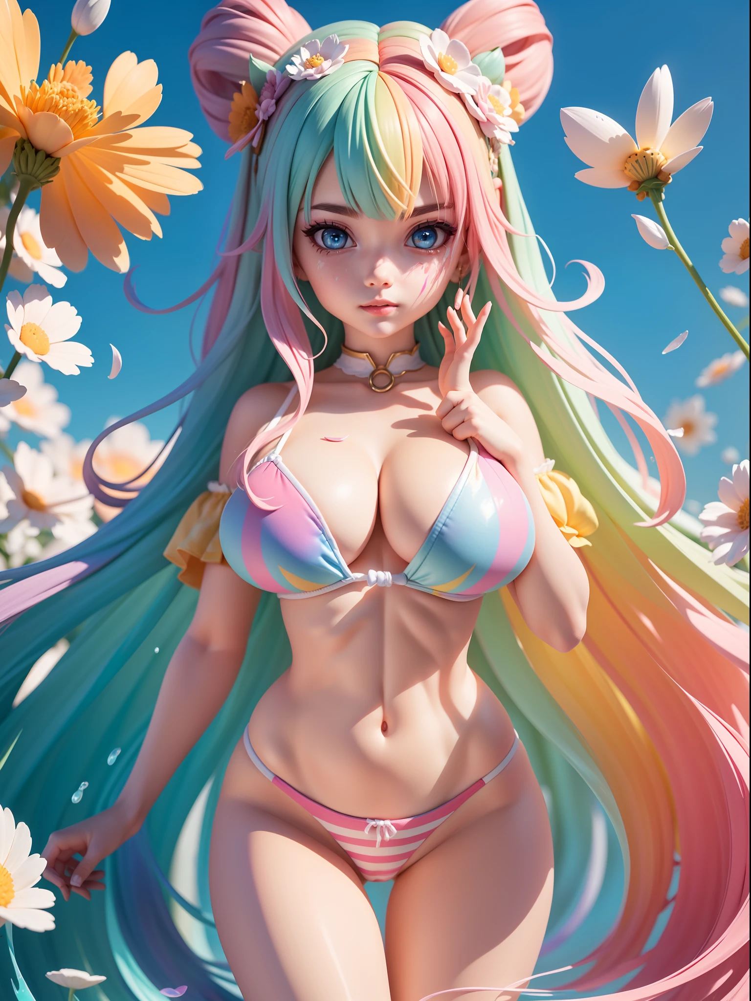 3D view of the whole body of a woman,Pop Mart blind box,perfect figure beautiful woman:1.4, Slim abs:1.2, (( huge tit:1.2)), (Sateen,the street:1.2),open shirts,nabel,exposing your navel,((Mini underwear,mini panties)),huge boob,Exposes most of the breasts,(Colorful hair:1.8),(Rainbow all colors:1.8),(painting of a:1.6),comic strip,illustration,painting of a,largeeyes,crystal-clear,Iridescent gradient,Rainbow gradient hair,Delicatemakeup,long eyelasher, looking at viewert,watery big eyes,(rainbow colour hair:1.6), colored splashing, Color explosion, Color splattering, Color explosion, Thick lacquer style,Messy lines,((Shining)) ,(Colorful), (Colorful), (Colorful), Colorful, Thick Paint Style, (Splash) (colored splashing), paint splatter, Acrylic Pigment, Gradient, Paint, Highest image quality, Highest image quality, Masterpiece, Solo, Depth of field, facepaint, (ellegance: 1.2), opulent, long whitr hair, ventania, (ellegance: 1.3), (petals: 1.4),(((Masterpiece))),(((Best quality at best))),((ultra - detailed)),(illustratio),(dynamic angle),((floatking)),(Paintwork),((Loose hair)),(Solo),(1girll) , (( (Detailed anima face))),((Beautiful detailed face)),collars,exposed bare shoulders,((The color hair)),((Striped hair)),Beautiful detailed eyes,(Gradient color eyes),(( (Colored eyes))),(((coloured background))),(((high saturated))),(((Surrounded by colorful splashes))),