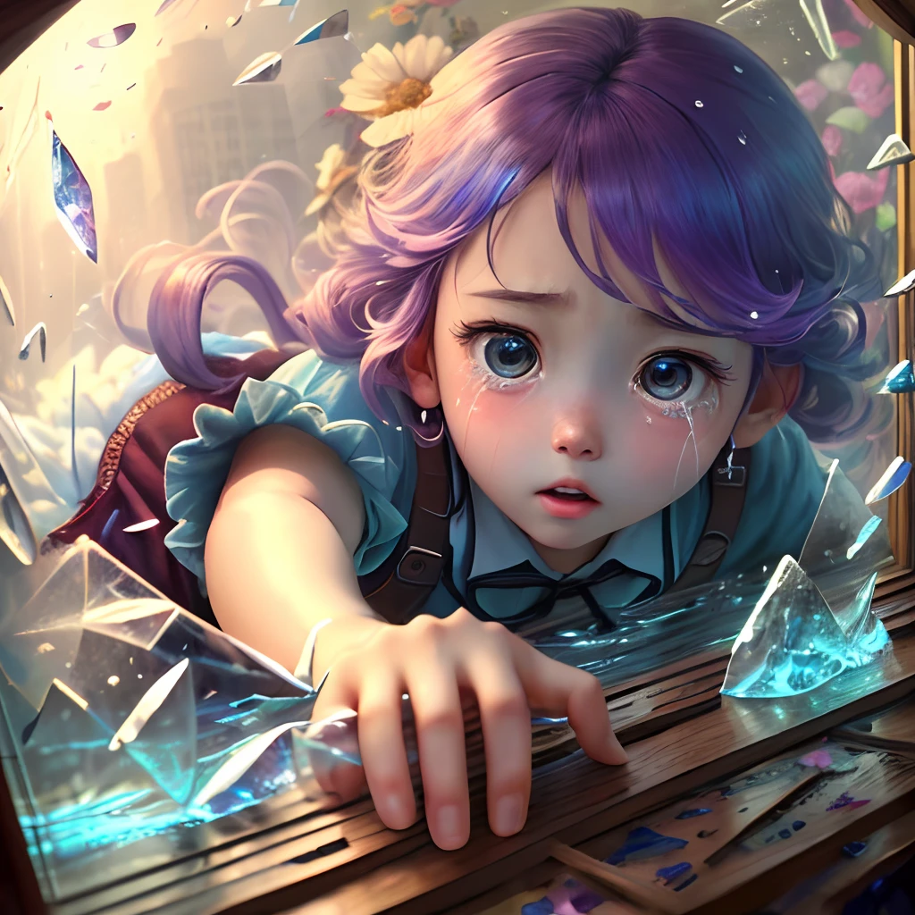 8k Wallpaper,grand,(Solo)(((masterpiece))), (((best quality))), ((ultra-detailed)), (illustration), ((an extremely delicate and beautiful)),dynamic angle,rainbow hair,detailed cute anime face,((li)),(((masterpiece))),an extremely delicate and beautiful girl,flower,cry,water,corrugated,flowers tire,broken glass,(broken screen),atlantis,transparent glass