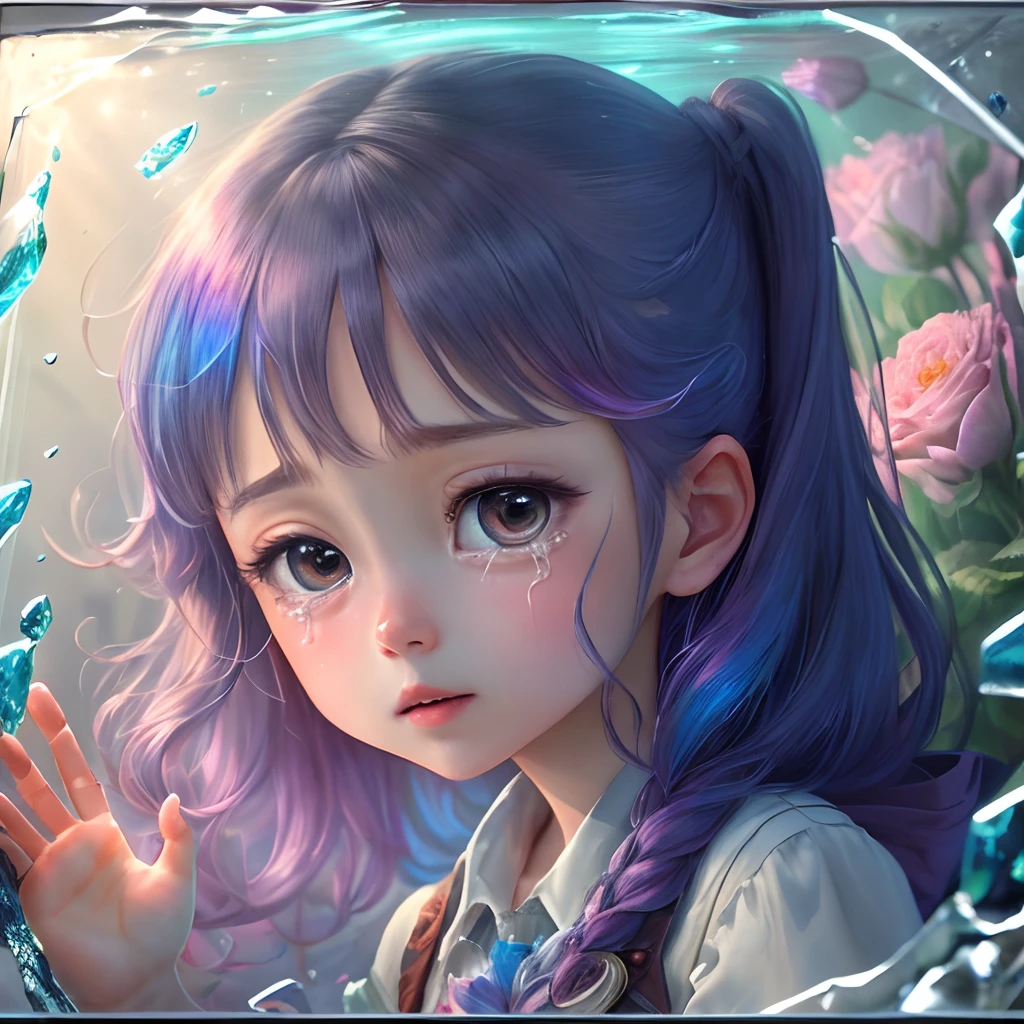 8k Wallpaper,grand,(Solo)(((masterpiece))), (((best quality))), ((ultra-detailed)), (illustration), ((an extremely delicate and beautiful)),dynamic angle,rainbow hair,detailed cute anime face,((li)),(((masterpiece))),an extremely delicate and beautiful girl,flower,cry,water,corrugated,flowers tire,broken glass,(broken screen),atlantis,transparent glass