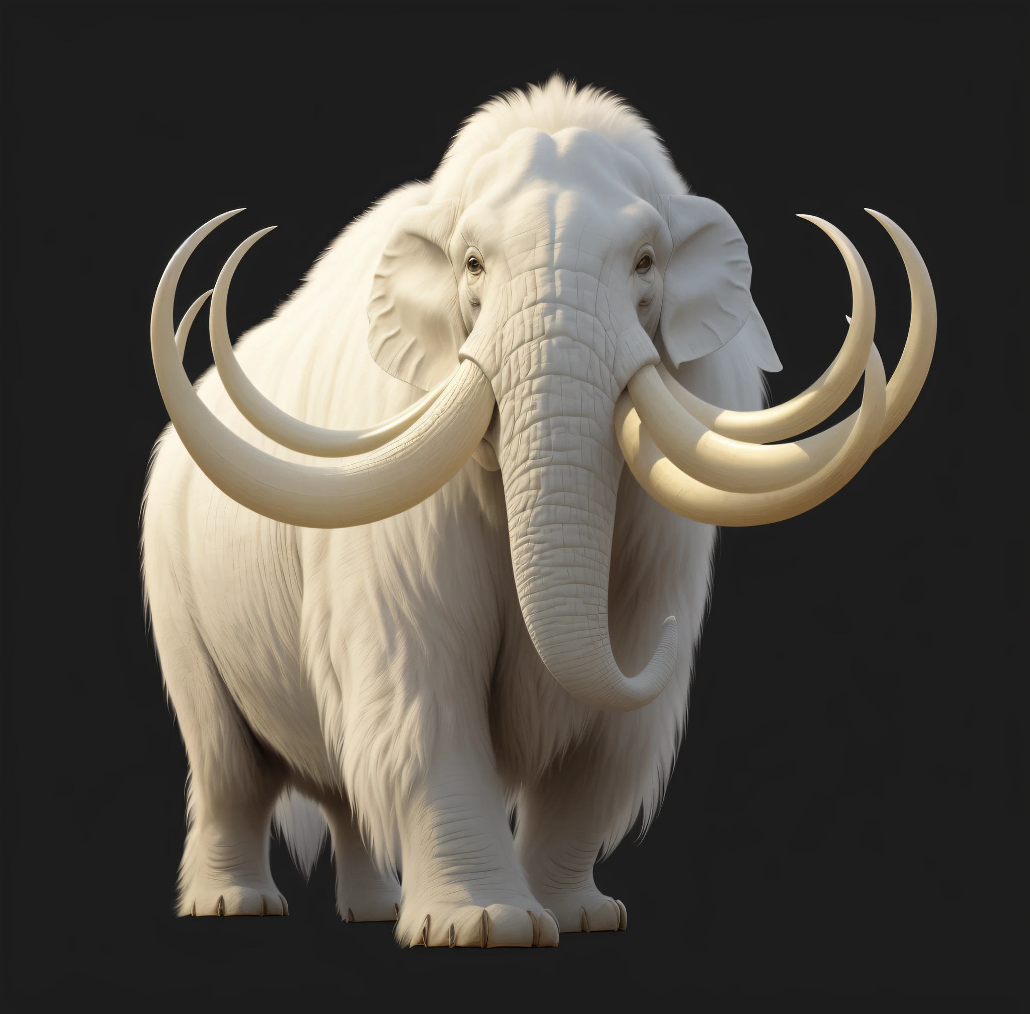 There is a white elephant with tusks walking on a black background, mammoth, huge tusks, Realistic creature concept, tusks, highly detailed animal monster, tooth wu : : quixel megascans, author:por Artur Tarnowski, highly detailed creature, Megafauna, Extremely realistic, highly detailed animal, Realistic illustration, albino