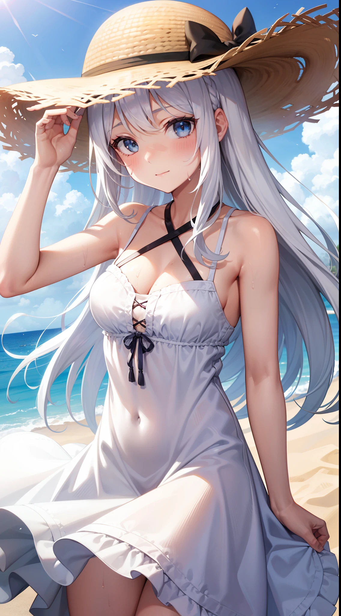 1girl,sun dress,hat,white hair,blue eyes,hand holding hat,sweating body