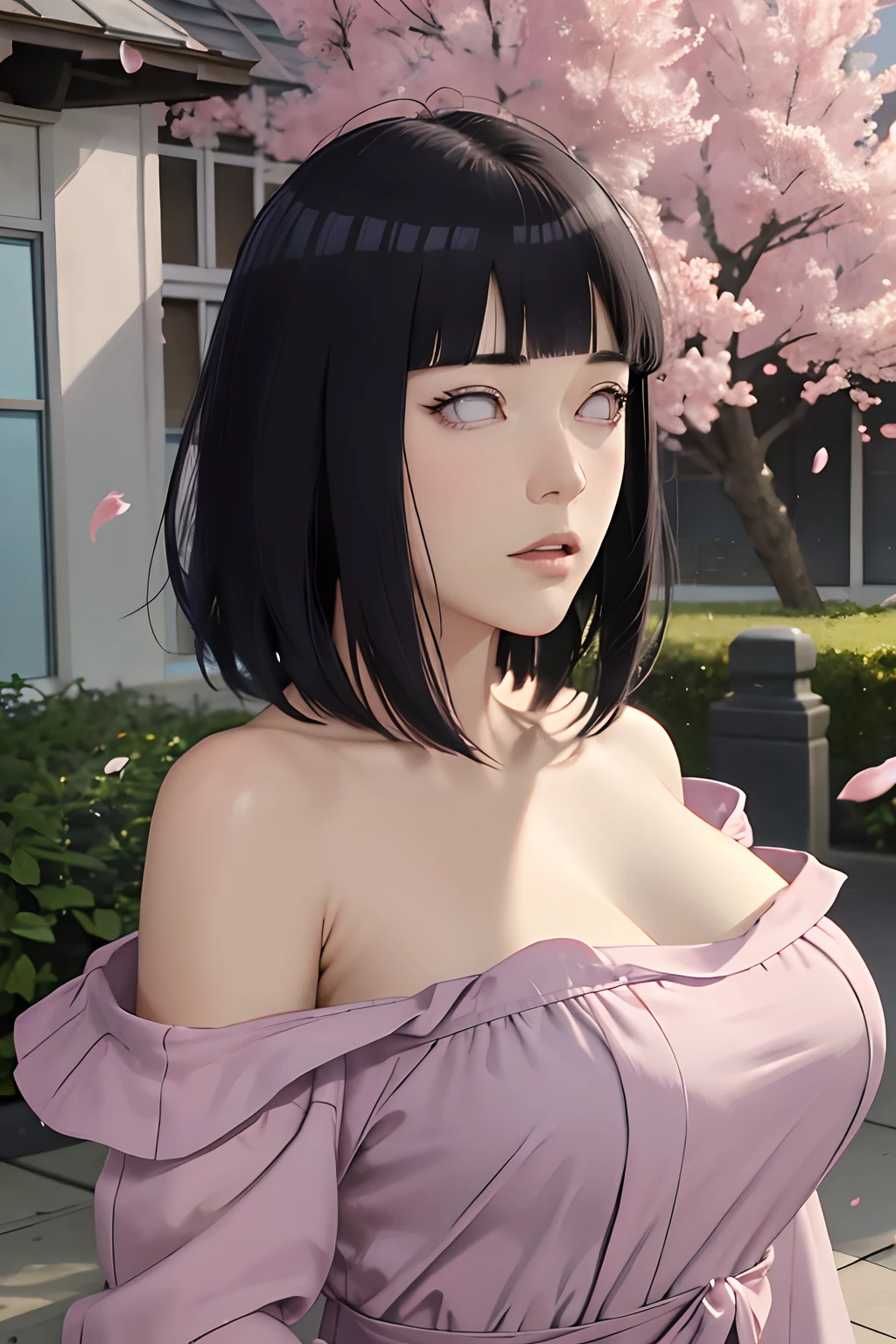 masterpiece, absurdres, hinata\(boruto\), 1girl, solo,mature female, off-shoulder oversized shirt, looking at viewer, (falling petals), perfect composition, detailed lips, big breast, beautiful face, body propotion, blush, (pink lips), long hair,  purple eyes,  soft gaze,  super realistic, detailed, photoshoot, realistic face and body, back view