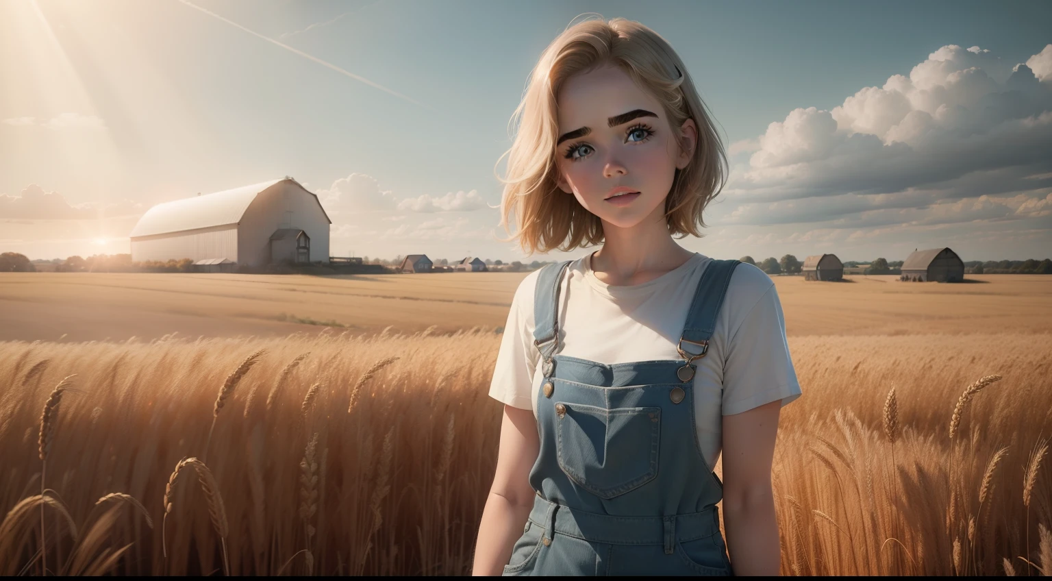 gorgeous woman ("kiernan shipka"), behind view, pale shinny skin, in a wheat field farm, overalls only, no shirt, warm light, ray tracing, backlighting, UHD, anatomically correct, textured skin, super detail, award winning, masterpiece, 8k, best quality
