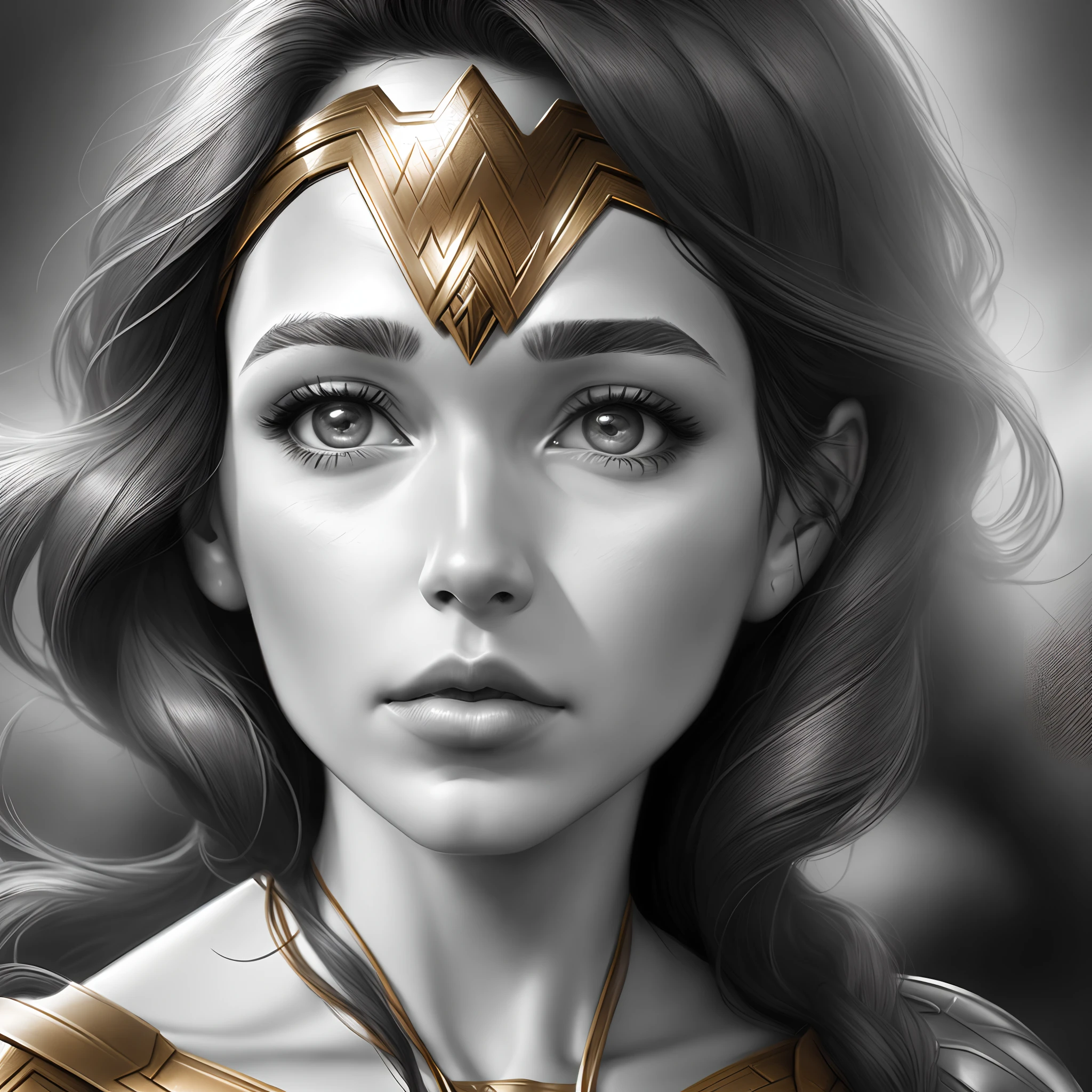 Gal Gadot as Wonder Woman, AB XCover, intricate pencil sketch, expressive eyes and nose and mouth, un-zoom, by Jim Lee  right profile  centered  key visual  intricate  highly detailed  breathtaking  precise lineart  vibrant  panoramic  cinematic