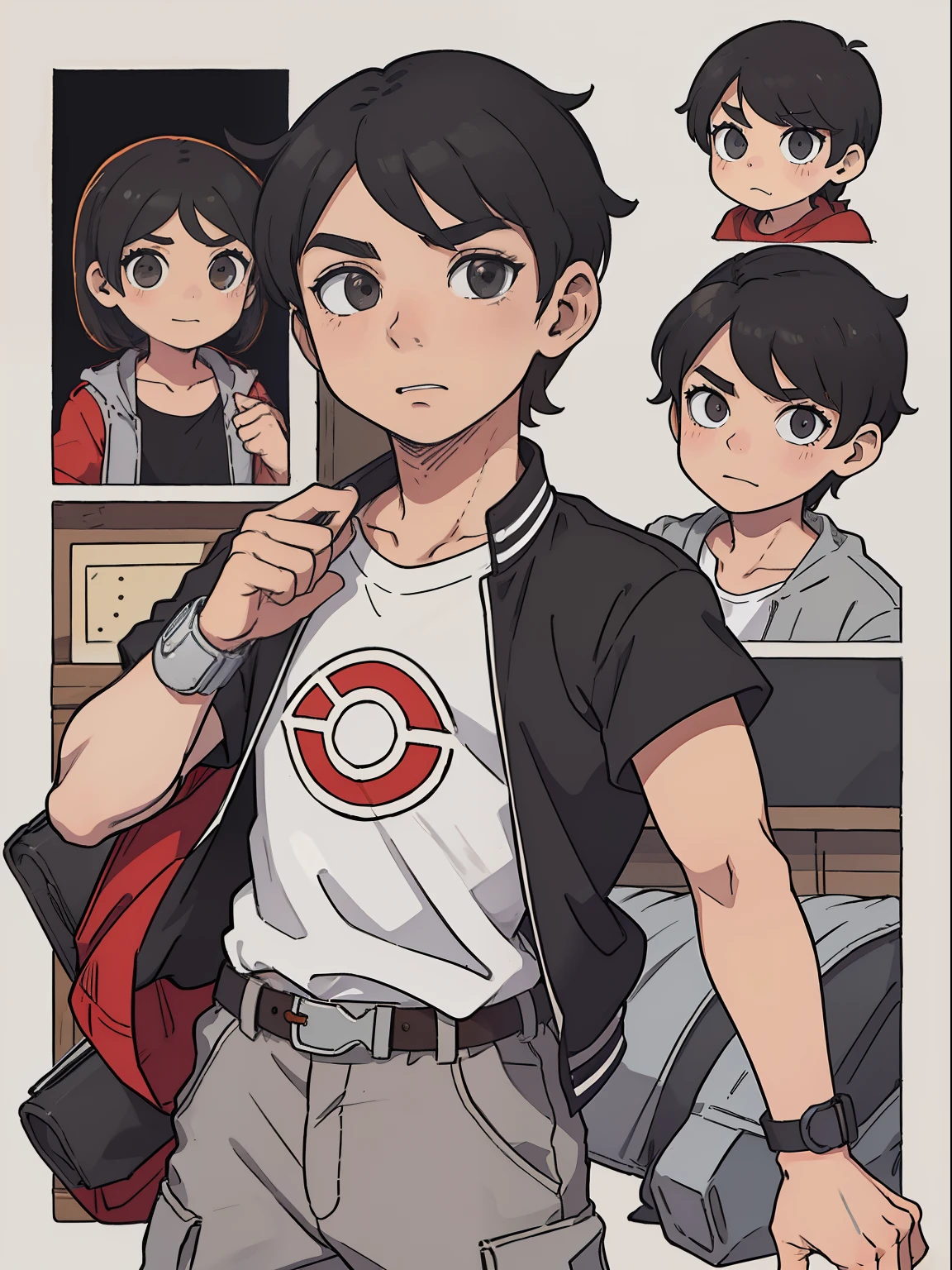 ((1garoto)) jovem, menino, masculino, cabelo marrom, cor marrom dos olhos, jaqueta preta com uma listra vermelha no meio na horizontal e a manga da camisa branca, gray cargo pants, smartwatch preto, Black and white baseball cap with two red stripes, gray cargo pants, desenho, manga, ((obra-prima)) 4k, ((manga-style)) estilo de desenho, conceito de personagem, with a funny face