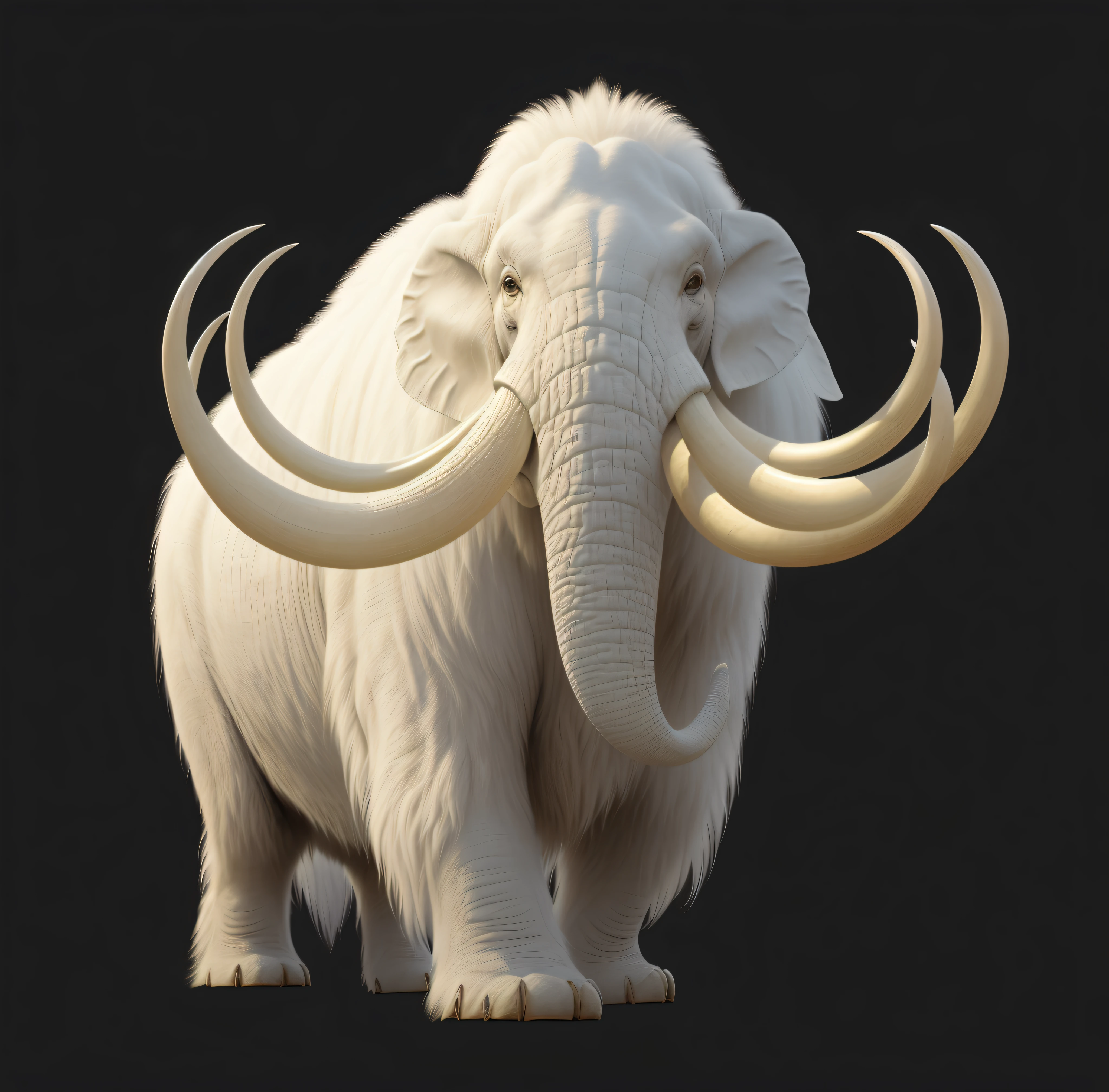 There is a white elephant with tusks walking on a black background, mammoth, huge tusks, Realistic creature concept, tusks, highly detailed animal monster, tooth wu : : quixel megascans, author:por Artur Tarnowski, highly detailed creature, Megafauna, Extremely realistic, highly detailed animal, Realistic illustration, albino