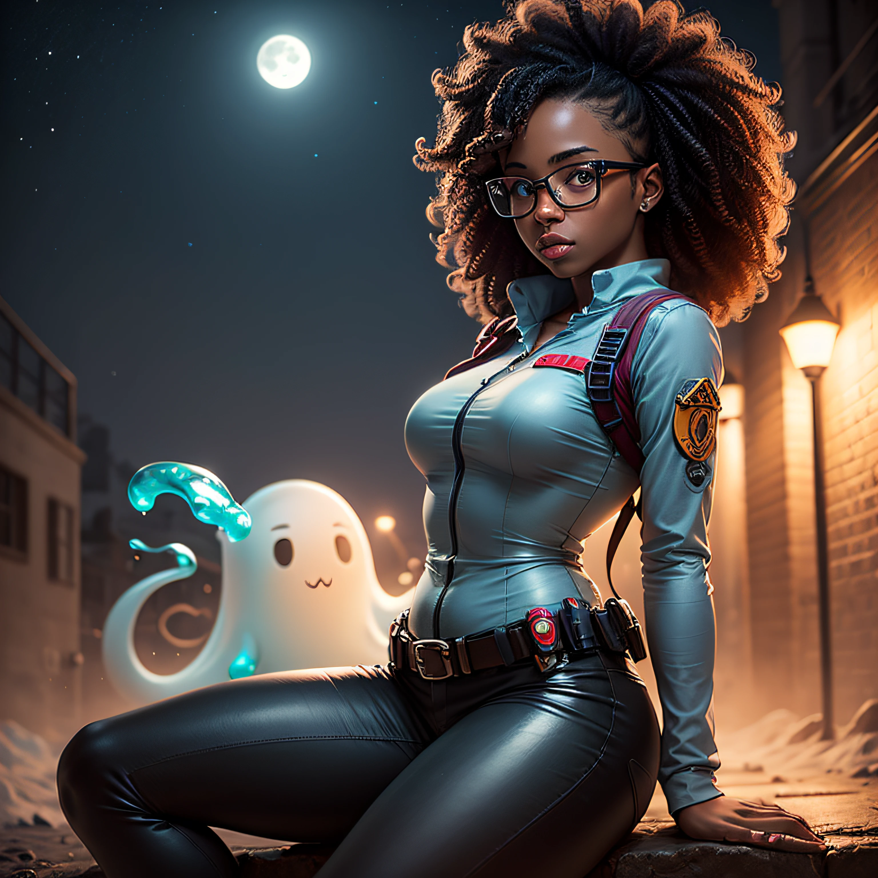 (Highest picture quality) 1girl, female ghostbuster, sexy, strong, slime, ghost, night time, moonlight, Ecto 1 vehicle, cute, realistic, dark skin, curly hair, glasses,