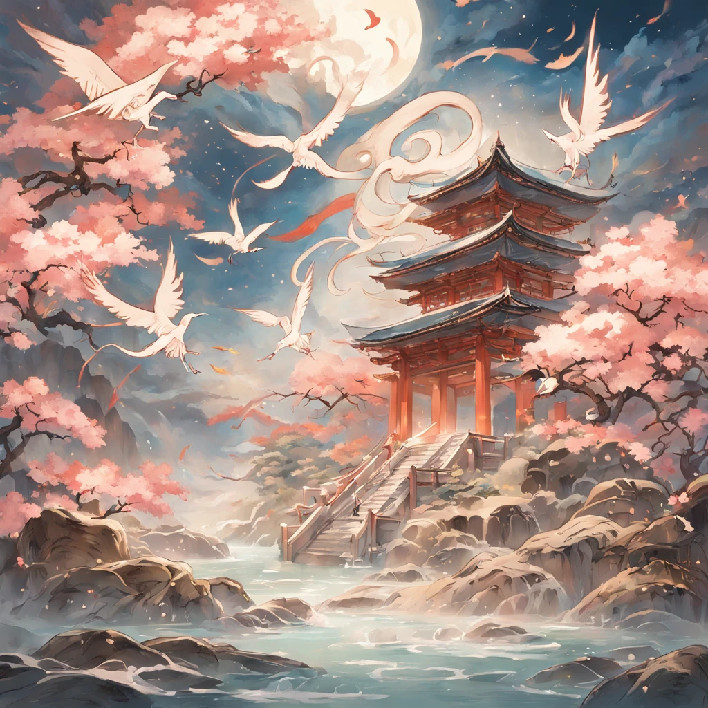 "Envision an enchanting wallpaper pattern composed of a rhythmic arrangement of iconic Japanese symbols, each adding a layer of cultural depth and significance.

The delicate sakura blossom, symbolizing renewal and fleeting beauty, is interspersed among intricate '卍' (manji) symbols, representing harmony, eternity, and the cycle of life.

Mystical 'Dragon' (ryu) dragons coil gracefully amidst swirling clouds, embodying power, transformation, and protection. The torii gate stands resolute, marking the transition from the secular to the sacred.

Elegant kanji characters '愛' (ai) for love, 'Courage' (yuuki) for courage, and 'Peace' (heiwa) for peace, seamlessly integrate into the design, adding profound meaning.

A tranquil pond reflects the moon's serene glow, adorned with '鶴' (tsuru) cranes, symbols of longevity and good fortune. Beneath the surface, 'Sea' (umi) waves ebb and flow, representing life's constant changes.

Bamboo shoots, a representation of resilience and growth, rise gracefully amid the composition. Lanterns sway gently, casting warm illumination and symbolizing guidance.

The color palette harmonizes deep indigos, tranquil blues, and soft whites, creating a sense of serenity and reverence. This intricate wallpaper pattern is a visual journey through the layers of Japanese symbolism, inviting you to immerse yourself in their wisdom and beauty."