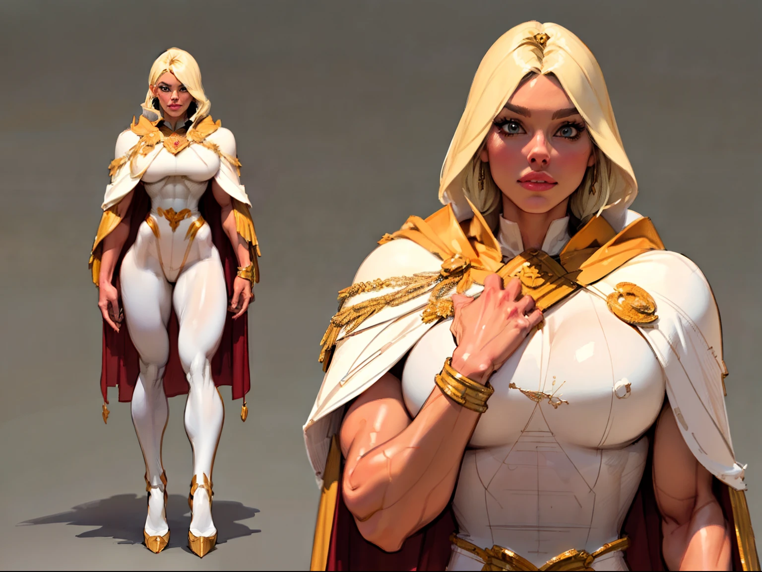 ((masterpiece)),(((best quality))),((character design sheet)), illustration,1woman, environment Scene change, muscular, (white skin:1.4), white legs, thick legs, (royalty cape:1.5), scribbles and marks, fire, ((detailed face:1.1)), rough sketches, pose too, blonde and white color palette, 8k,16k, (simple background, light background: 1.3)