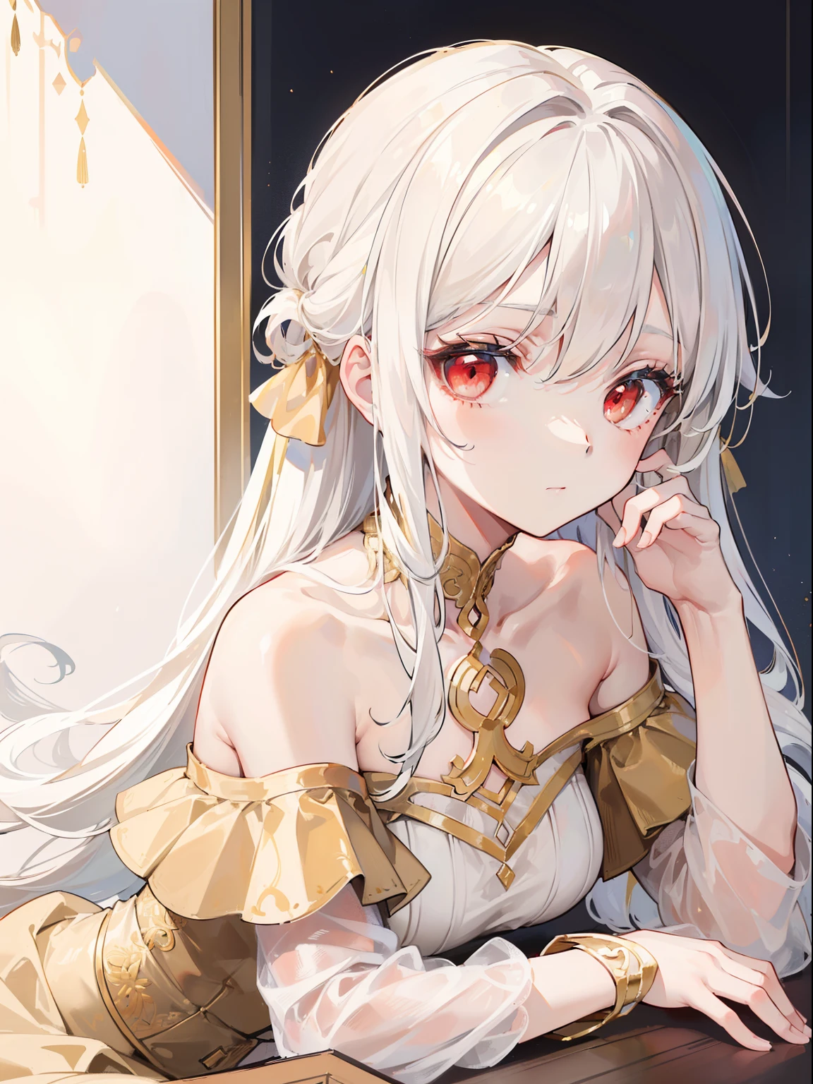 (bestquality, masterpiece), (An elegant girl , 1girl , solo, "beige and gold Dress ", off-the-shoulder, lying, looking at the audience, "White Hair", Long-haired, Long tied white hair, red eyes, closed mouth , Upper body), (background)
