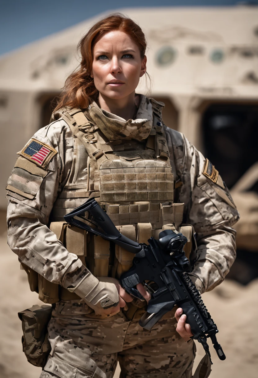 Cinematic battlefield in afghanistan, a ultra-detailed hyperrealistic photography of a beautiful 25 years old american soldier woman, (ginger hair with extra long wavy), blue eyes, american aesthetics, short hair, night, curvy, beautiful curves, army aesthetics, special forces outfit, high emphasis on detail, style Semi Impasto, matte painting, atmospheric, glowing, dramatic lighting, beautiful eyes, symmetric eyed, perfect eyes, by Magali Villeneuve, wet, moist, reflection, (masterpiece) ( Perfect proportions) (realistic photos) (highest quality) (detail) shot taken by Canon EOS R5, 50mm lens, f/2.8, HDR, (8k) (wallpaper) (movie lighting) (dramatic lighting) (sharp focus) (complex) fashion, special forces, captain, american military, , in combat, realistic uniform, multicam, fit, chest protection, united states military, camouflaged, multicam, american patter, bulletproof vest, covered skin, bullet rpoof vest, vest, special forces, combat zone, team leader, captain, united states military, officer, special forces, green berets, explosions, battle damage, K-9 Handler, German Shephard handler, dog handler, k-9, german shephard, has a german shephard, military dog, military shephard, tatoos, dog, handler, has a dog, has a pet dog, dog is next to, holding leash, tatoo, arm tatoo, strong, bicep, fit