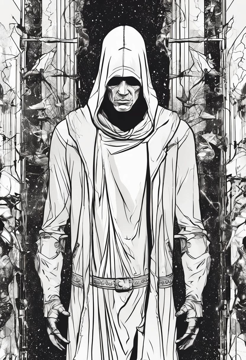 Spiritual being with human characteristics, Homem, muito bonito, gothic style, pela cinzenta quase transparente, in superhero outfit, Mist in the background, olhar sinistro, usando capa preta, hood over head, cabelos pretos, 2 metros de altura, with excellent physical shape, estilo commics