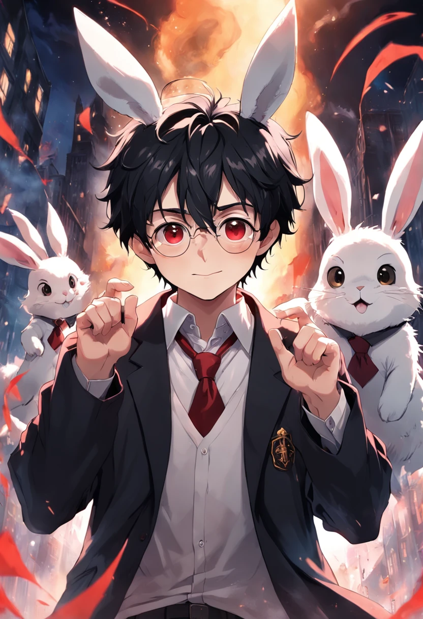 harry potter, guy, black hair, tousled, green eyes, wear glasses, pale, smile, child, white shirt, black coat, cute, red tie, bunny ears