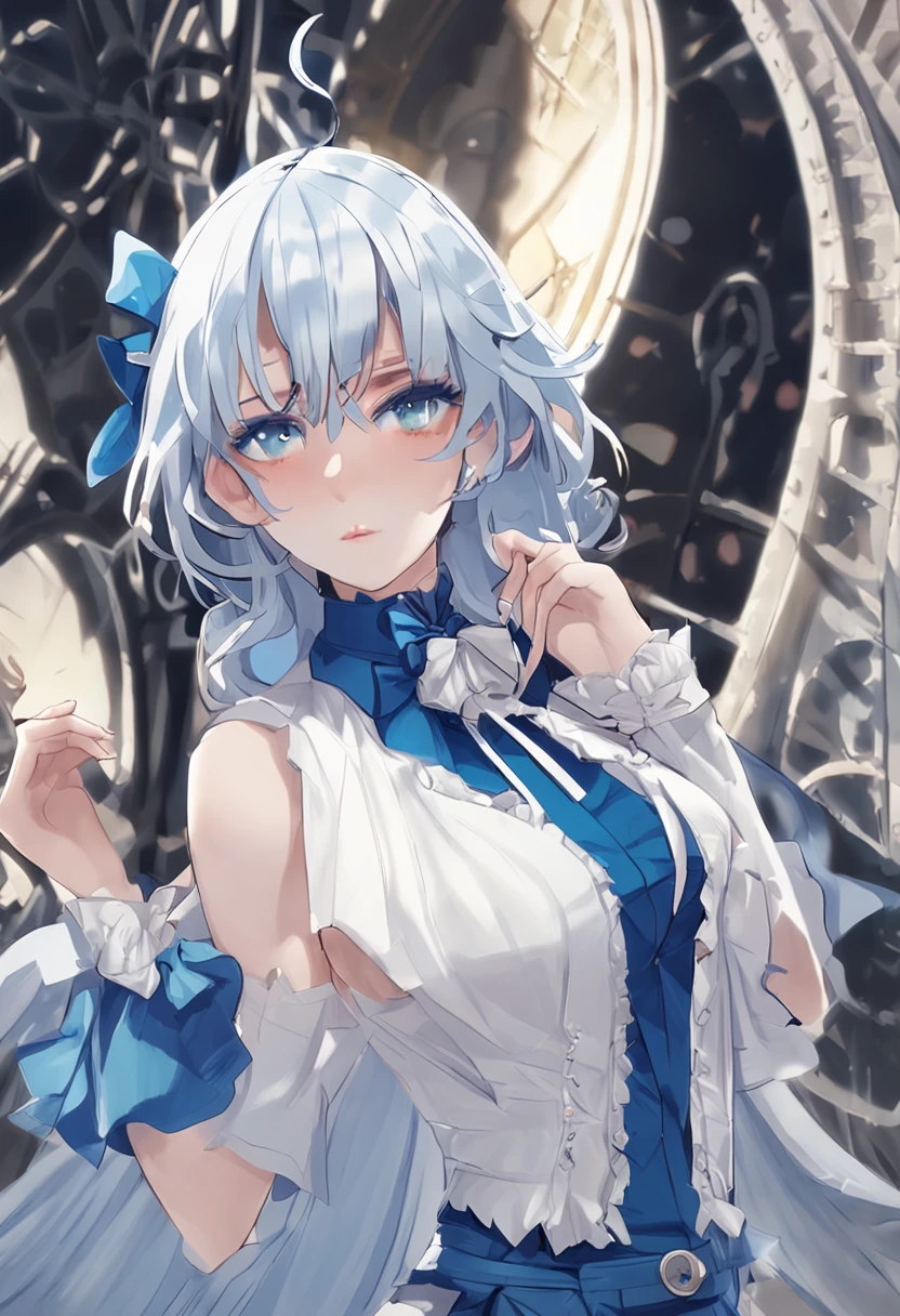 teens girl,black leg rings,Blue top hat,white color hair,blue gradient hair,Blue and white heteropupils,White gloves,Blue tuxedo,Blue bow at waist,short white pants,noble,ellegance