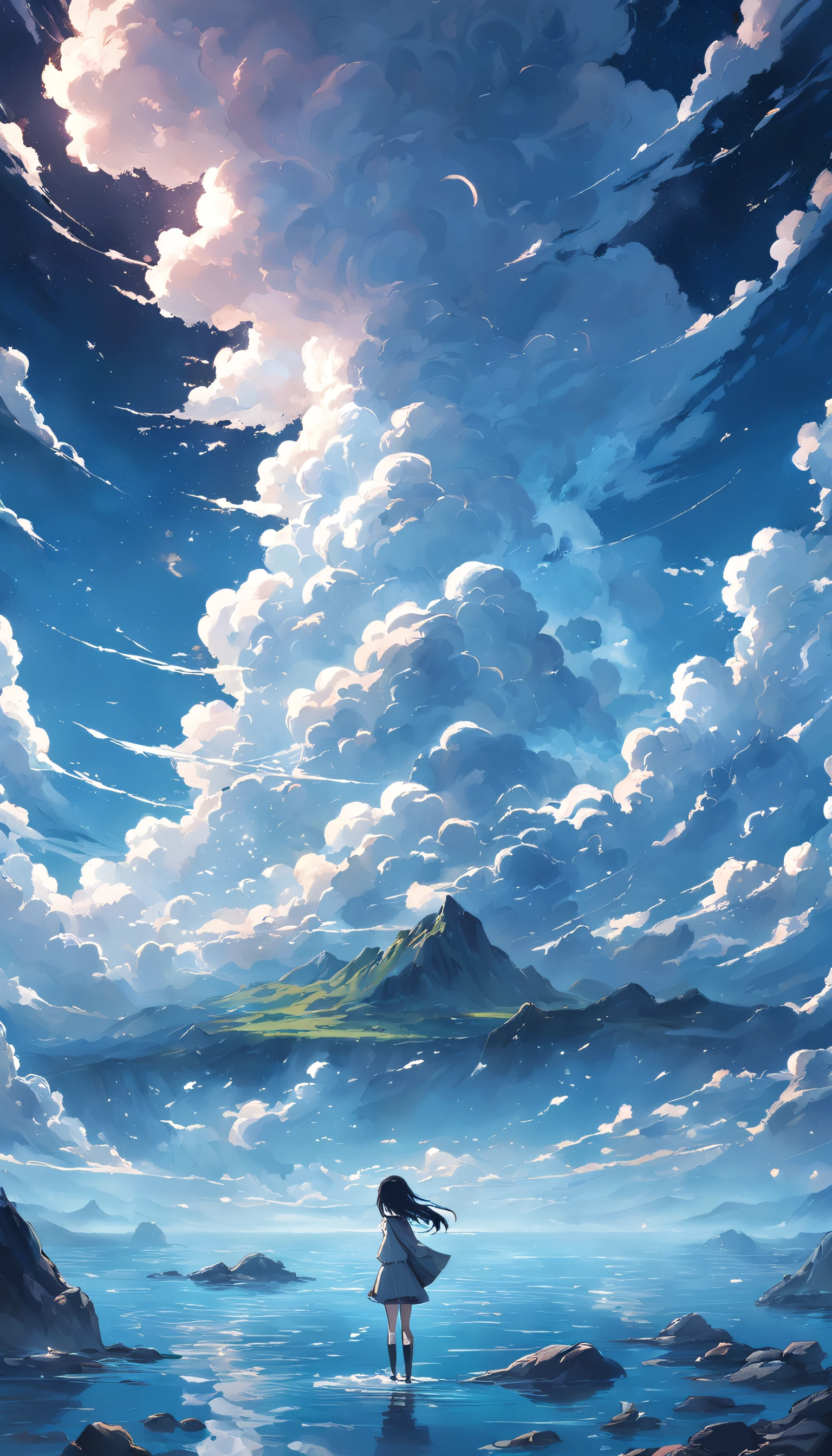 "surrounded by cloud,Beautiful and flowing picture,Delicately depicted landscape,Light clouds float on the water,It's like a fairyland。Hazy light penetrates the clouds,Stunning light and shadow effects are reflected。There is a sea of clouds in the picture,The looming view is enchanting。"