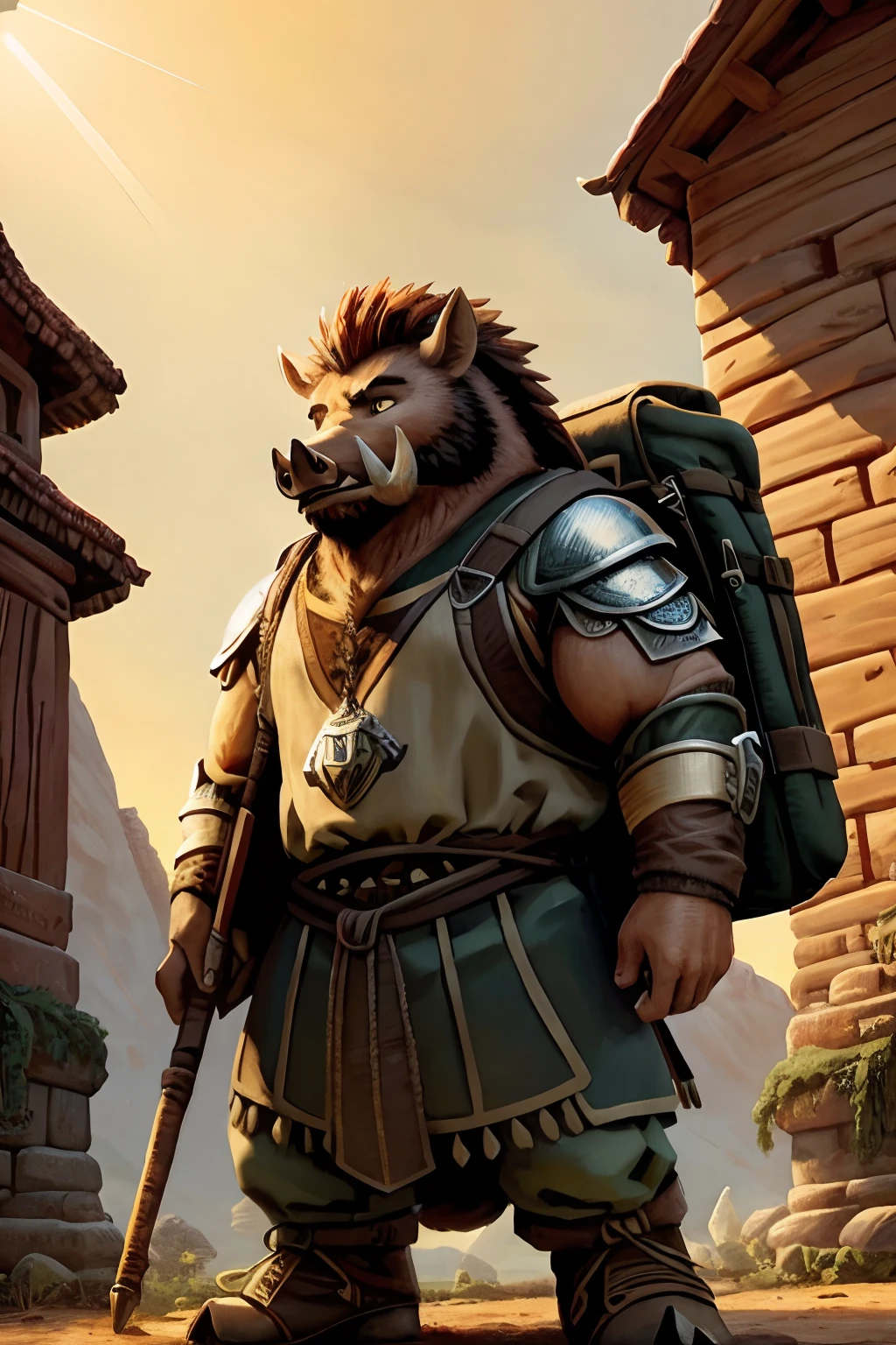 «»A fantastical portrayal of a strong and proud boar dressed in a set of travel gear. The boar should be depicted wearing light armor and backpack, ready to take on the world. The boar nomad should be posed with a determined and confident stance, perhaps holding a spear or club. The background should be a savannah or rural village emphasizing the boar's role as an explorer or guide. The lighting should be bright and focused on the boar, highlighting its face and tusks. The camera shot should be a full-body shot, capturing the boar's defiant demeanor and the fine details of its equipment. The resolution should be 8K or higher to showcase the majestic textures of the boar's face, tusks, and weapons. The render style should aim for an oil painting or classical look, suitable for a grounded but epic book cover. Art inspirations can be drawn from depictions of explorers and soldiers. (((Boar nomad))), (((adventurer))), (((savannah))), (((bright lighting))), (((full-body shot))), (((8K resolution))), (((fantasy render style))).»