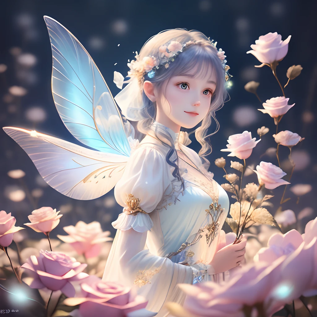 1 moon,Beautiful transparent flower fairy , Transparent colorful wings, The wand flutters in the wind、The wand flashed with starlight,Golden wand,Beautiful blue sky and white clouds、Girls have transparent wings、kindly smile、Beautiful garden background、Gentle and transparent,anatomy correct, Delicate pattern,Pink rose space, Soft lighting, ( Bokeh),Masterpiece, Super detailed, Epic composition, Highest quality, 8K,Epic romantic fantasy digital art,Epic fairy tale fantasy digital art,Mythological fantasy,UHD resolution,Detailed detail drawing,realisticlying,Very realistic,cinmatic lighting,an award winning photograph,rich colours,hyper realistic lifelike texture,dramatic lighting