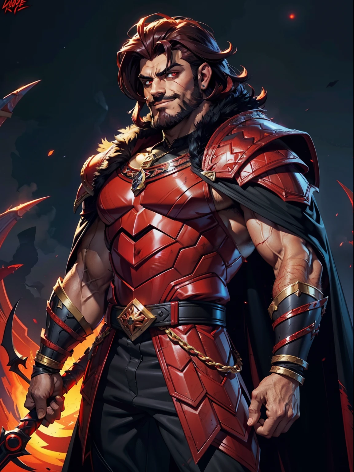 Dark night blood moon background, Hades style, game portrait. Sadurang from Marvel, hunk, buffed physics, short mane hair, mullet, defined face, detailed eyes, short beard, glowing red eyes, dark hair, wily smile, badass, dangerous. Wearing full armor with red dragon scales, cape of furs.  Breath fire.