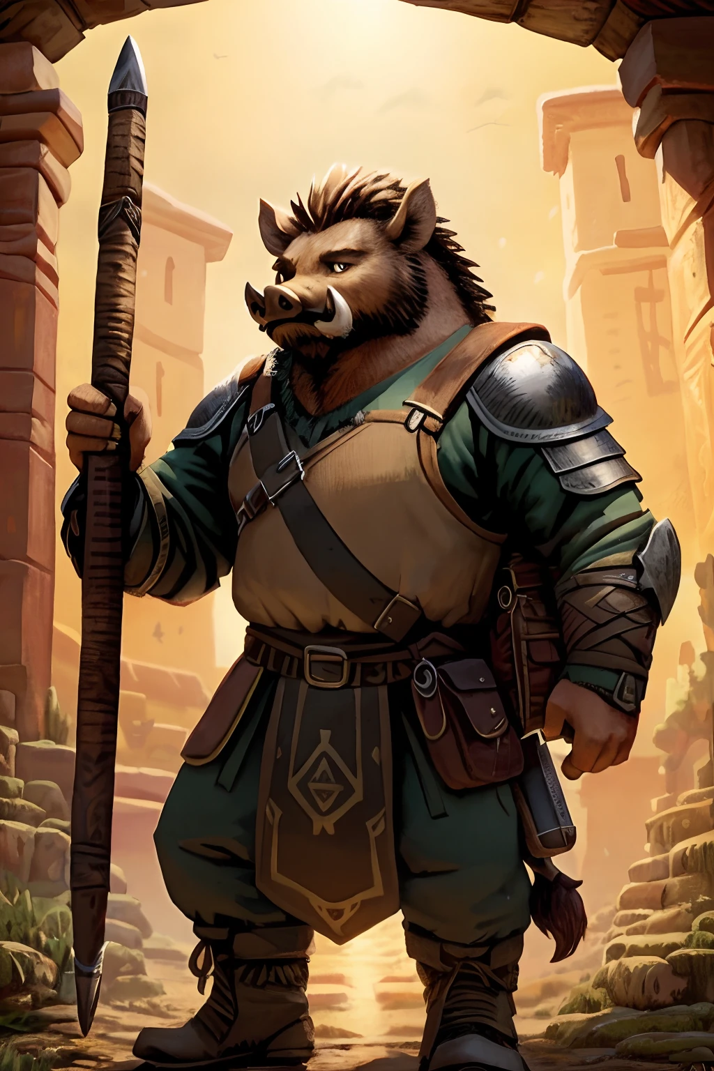 «»A fantastical portrayal of a strong and proud boar dressed in a set of travel gear. The boar should be depicted wearing light armor and backpack, ready to take on the world. The boar nomad should be posed with a determined and confident stance, perhaps holding a spear or club. The background should be a savannah or rural village emphasizing the boar's role as an explorer or guide. The lighting should be bright and focused on the boar, highlighting its face and tusks. The camera shot should be a full-body shot, capturing the boar's defiant demeanor and the fine details of its equipment. The resolution should be 8K or higher to showcase the majestic textures of the boar's face, tusks, and weapons. The render style should aim for an oil painting or classical look, suitable for a grounded but epic book cover. Art inspirations can be drawn from depictions of explorers and soldiers. (((Boar nomad))), (((adventurer))), (((savannah))), (((bright lighting))), (((full-body shot))), (((8K resolution))), (((fantasy render style))).»