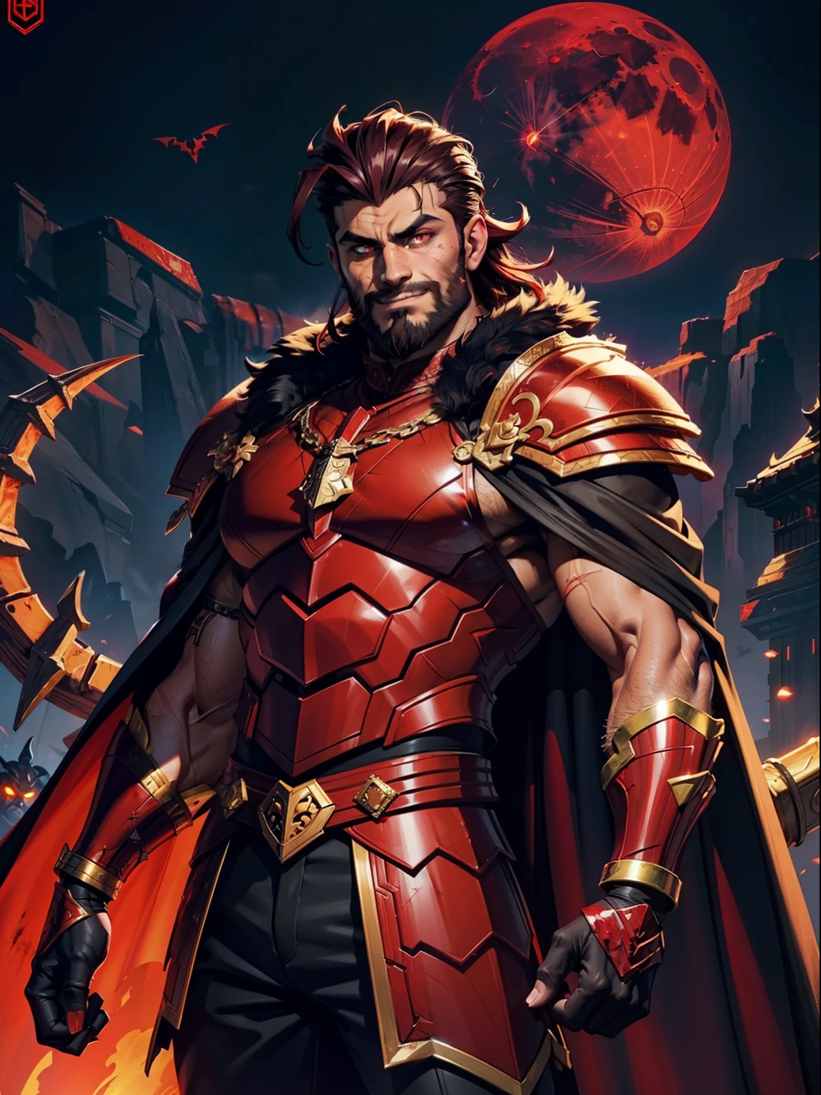 Dark night blood moon background, Hades style, game portrait. Sadurang from Marvel, hunk, buffed physics, short mane hair, mullet, defined face, detailed eyes, short beard, glowing red eyes, dark hair, wily smile, badass, dangerous. Wearing full armor with red dragon scales, cape of furs.  Breath fire.