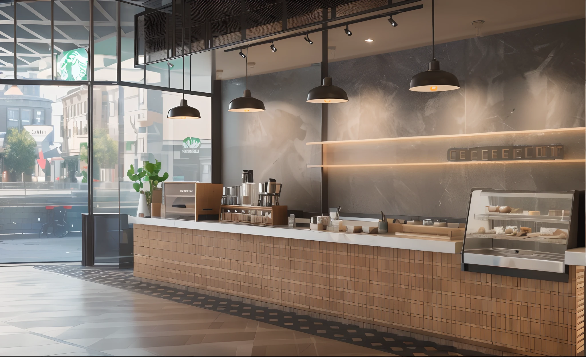 there is a renderings of a coffee shop with a counter and a counter, illustrated starbucks interior, 2 d render, render, arnold rendering, artist's impression, digital rendering, cg rendering, cafe interior, vue 3d render, pre-rendered, artists impression, looking partly to the left, digital render, artist impression, conceptual rendering, detailed 3d render